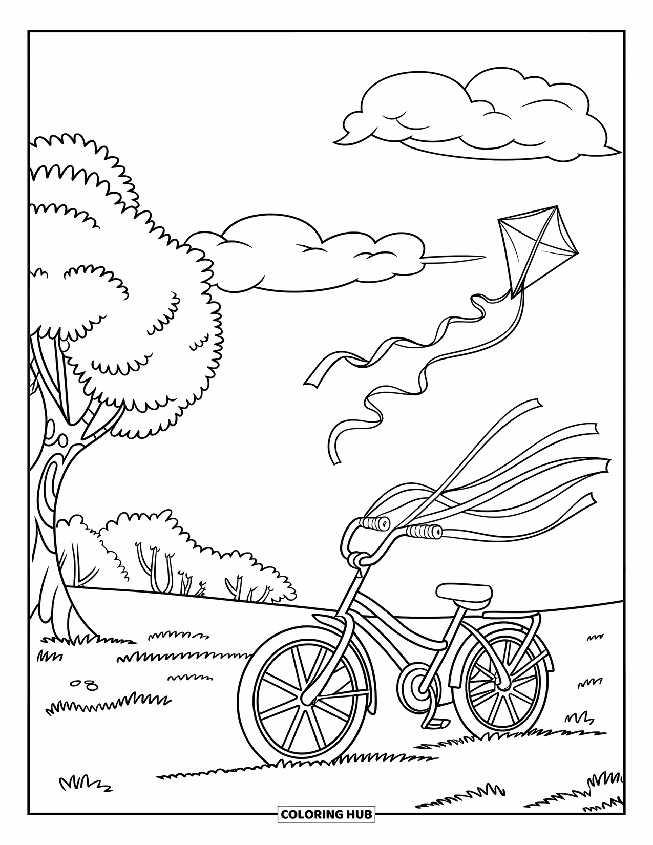Bike Coloring Page for Kids: A bike with streamers and a kite near a tree under fluffy clouds