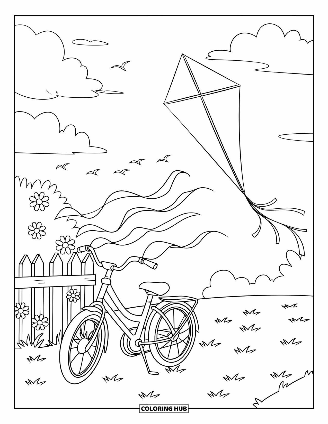 Bike Coloring Page for Kids: A bike with streamers and a kite tied to a fence with flowers nearby
