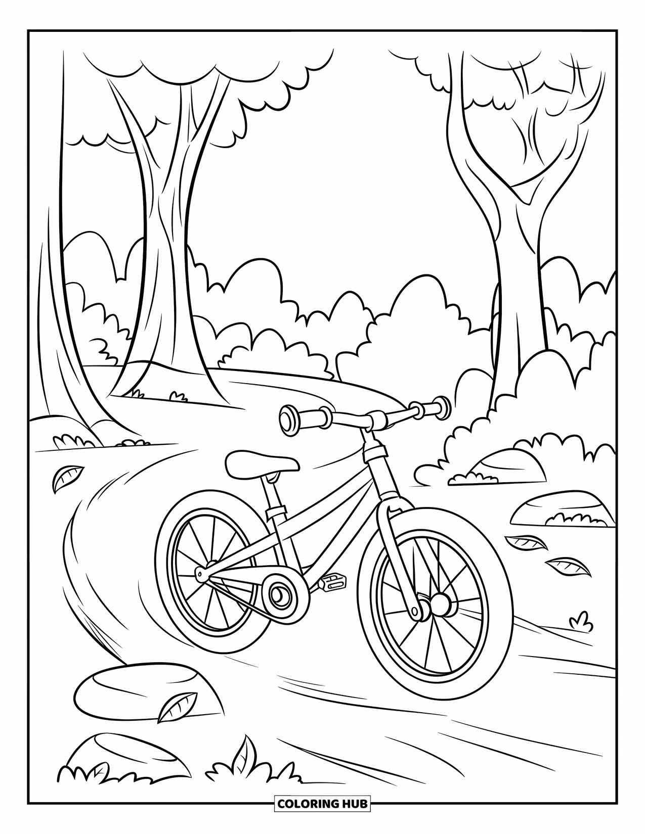 Bike Coloring Page for Kids: A child's mountain bike on a short forest trail with rocks and leaves