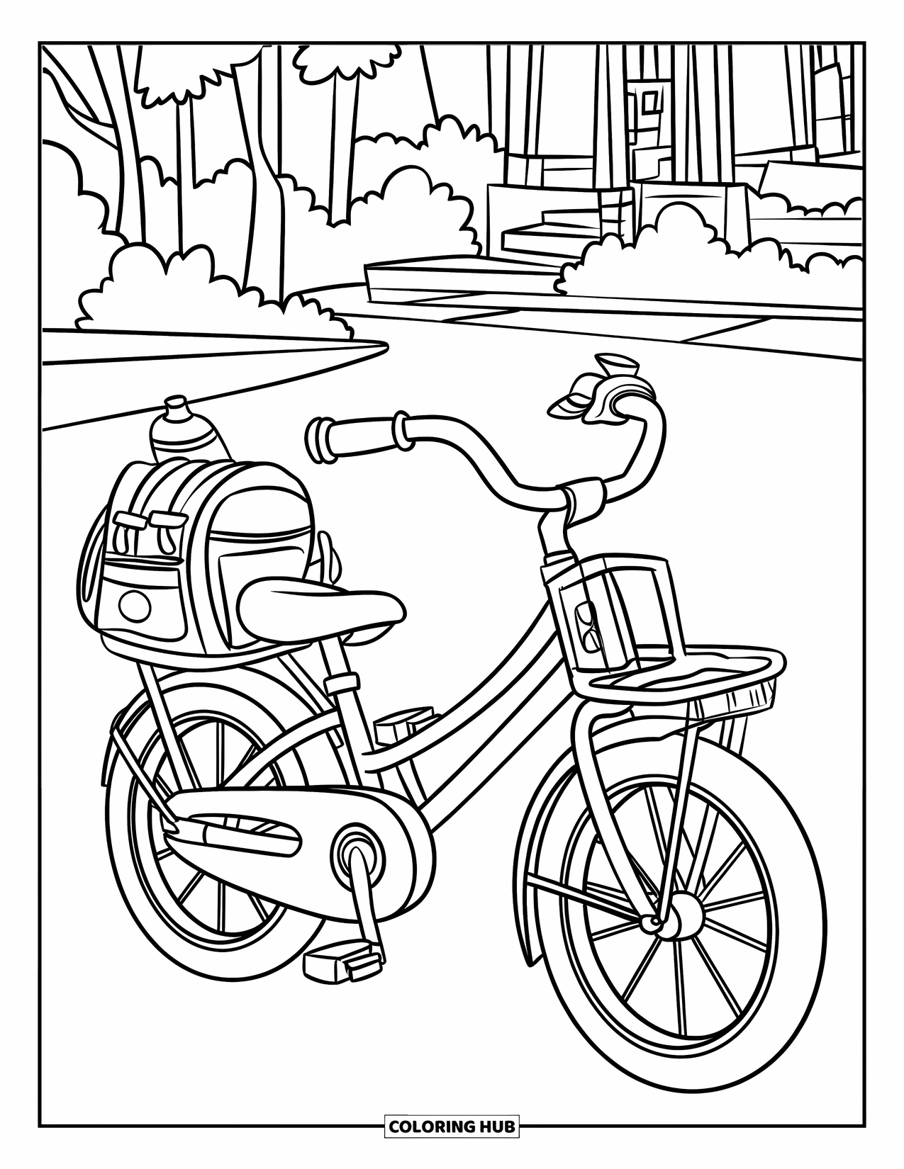 Bike Coloring Page for Kids: A classic kids' bike with water bottle holder and backpack near trees and a path