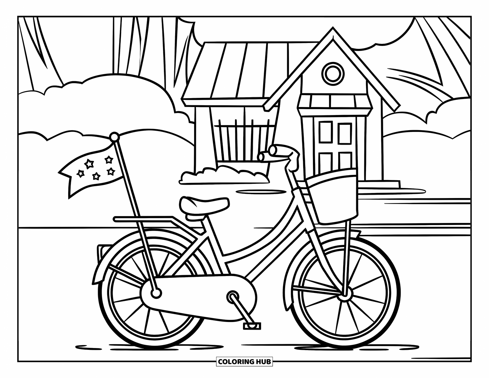Bike Coloring Page for Kids: A cute bike with basket and flag with stars parked near a small house