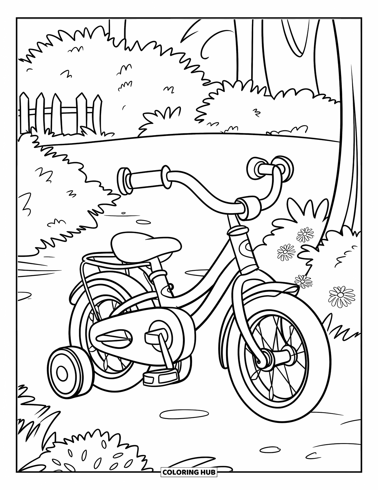 Bike Coloring Page for Kids: A cute kids' bike with training wheels on a dirt path with flowers and a tree