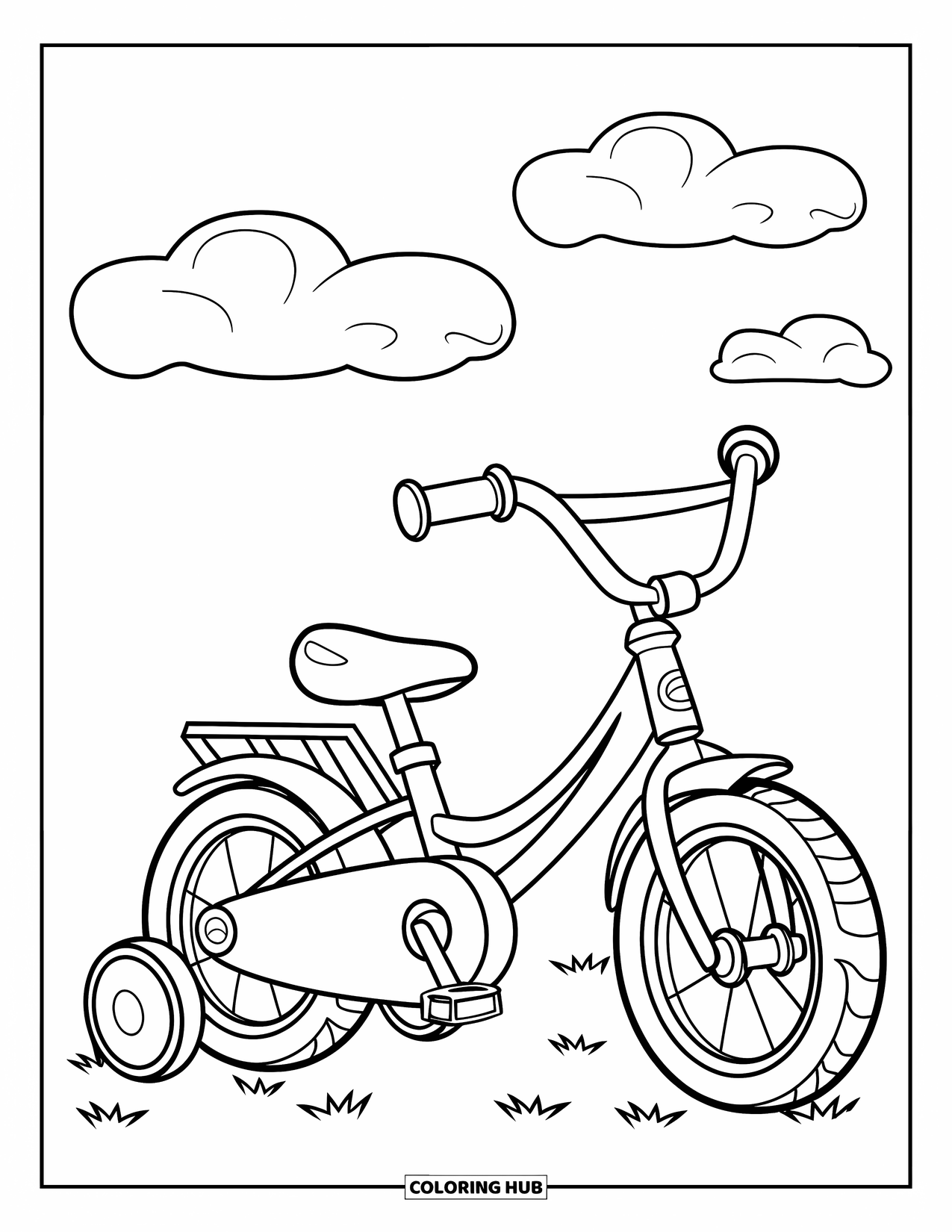 Bike Coloring Page for Kids: A cute kids' bike with training wheels on a grassy field with fluffy clouds