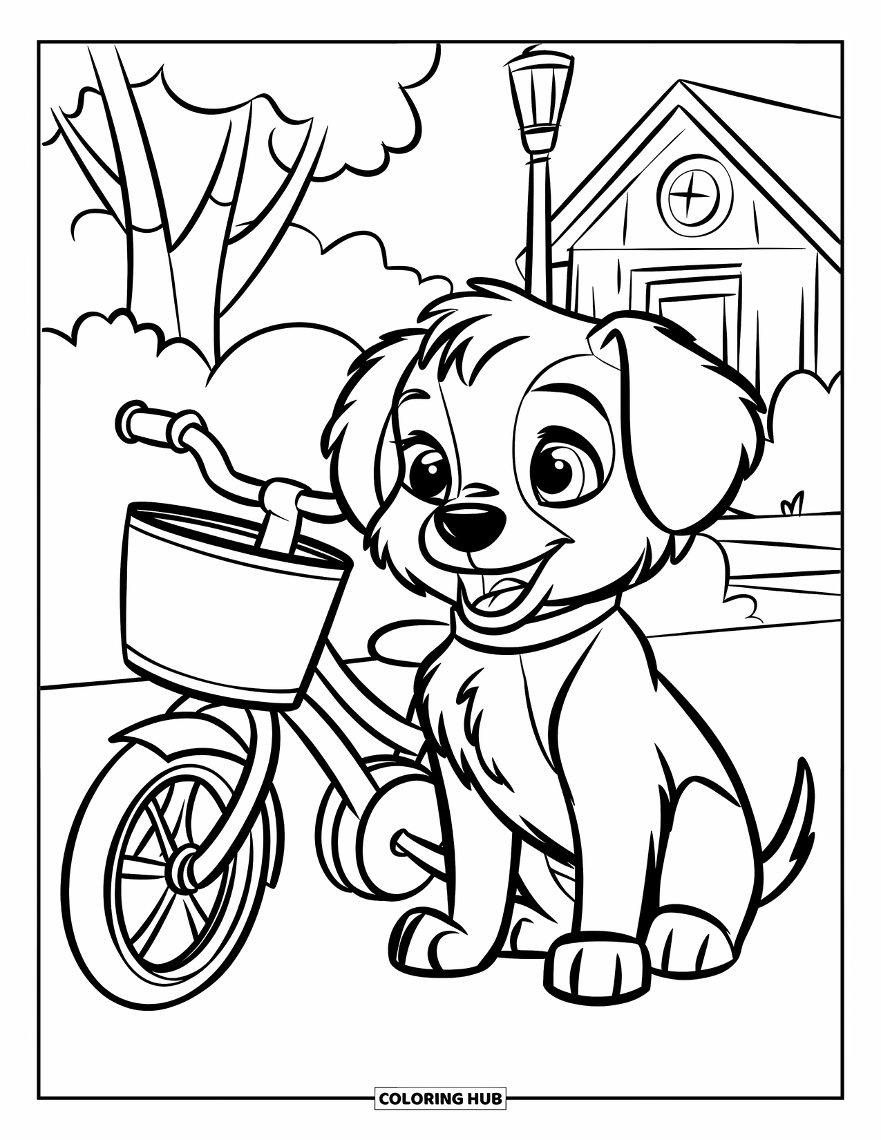 Bike Coloring Page for Kids: A friendly puppy with fluffy coat beside a kids' bike leaning against a wall