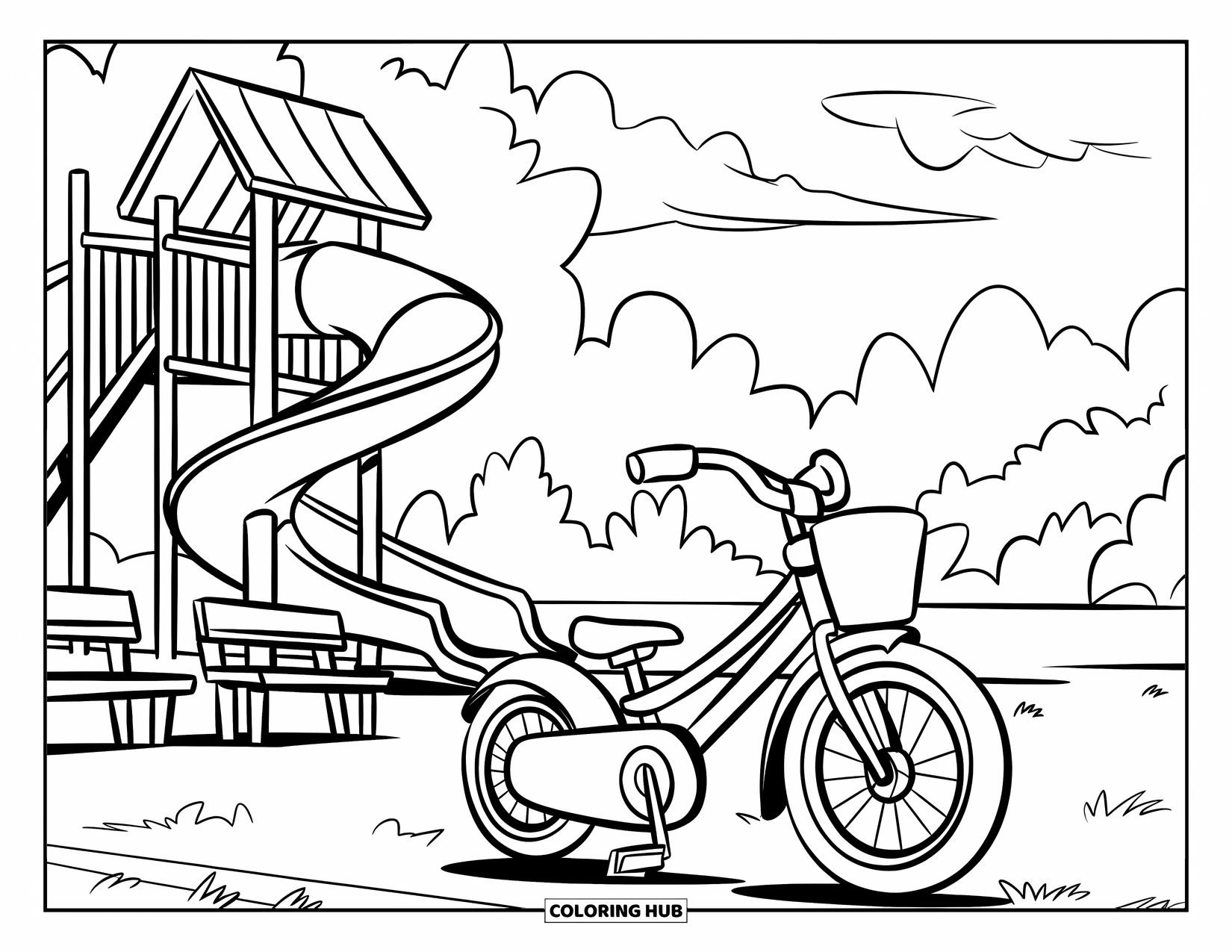 Bike Coloring Page for Kids: A kids' bike near a spiral playground slide with benches, trees, and a cloudy sky