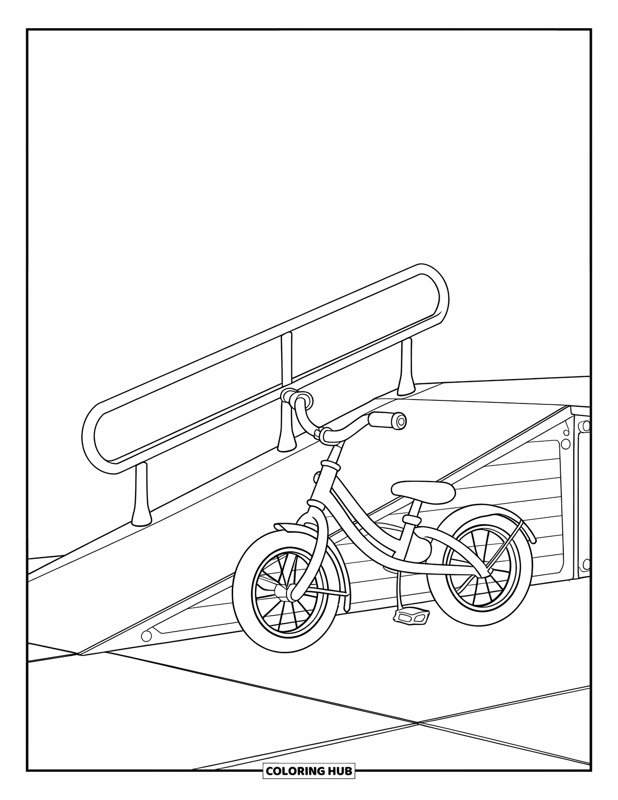 Bike Coloring Page for Kids: A kids' bike with basket and bell near a skate park ramp with a handrail