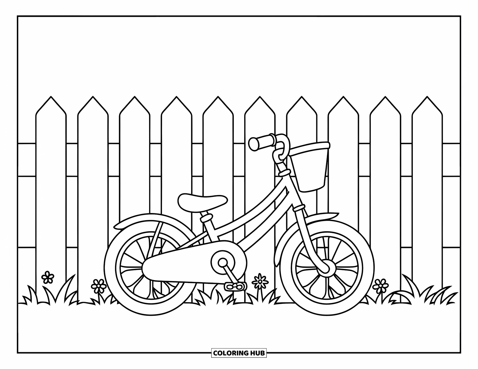 Bike Coloring Page for Kids: A kids' bike with basket beside a wooden picket fence and grassy area with daisies