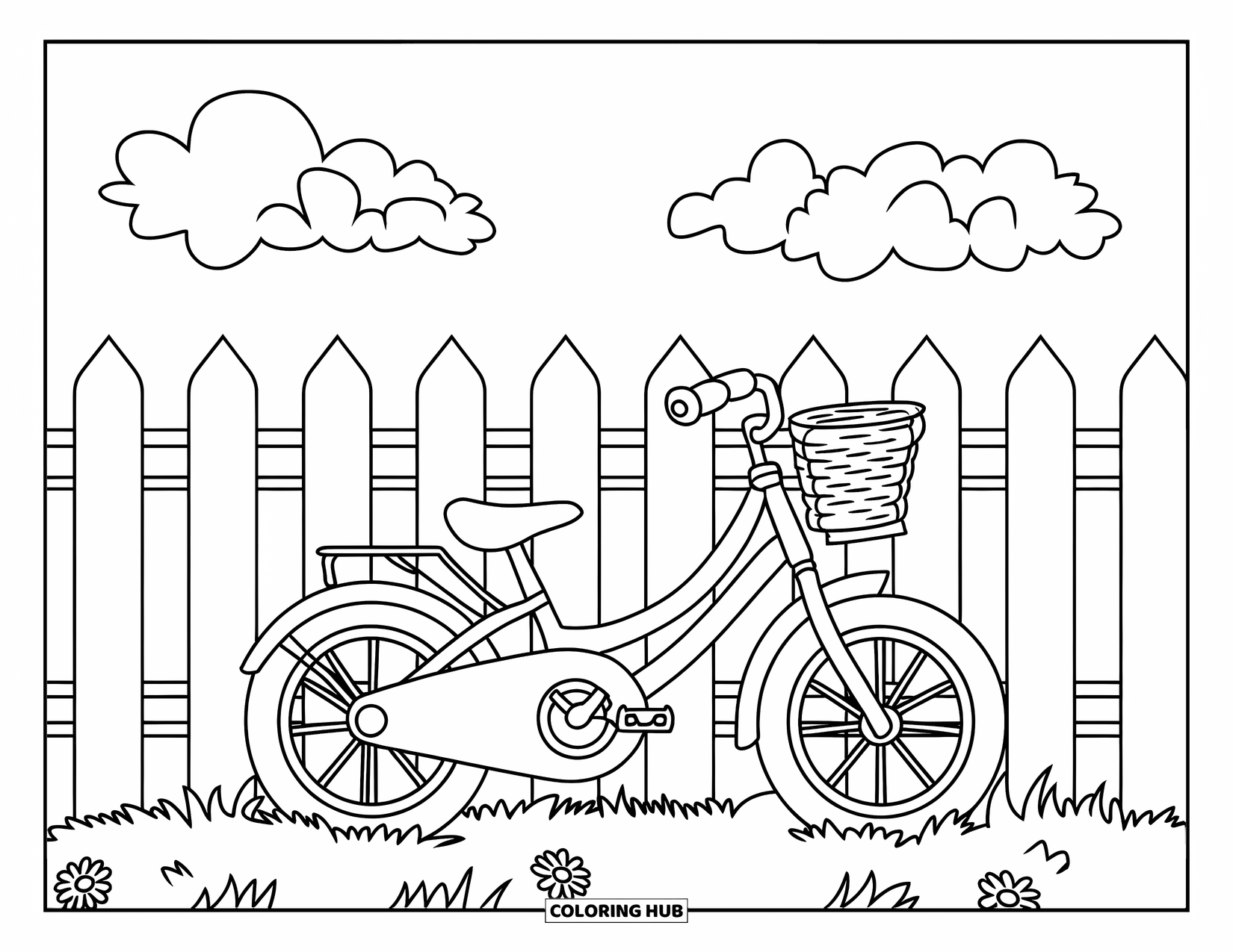 Bike Coloring Page for Kids: A kids' bike with basket by a picket fence, grass with daisies, and fluffy clouds