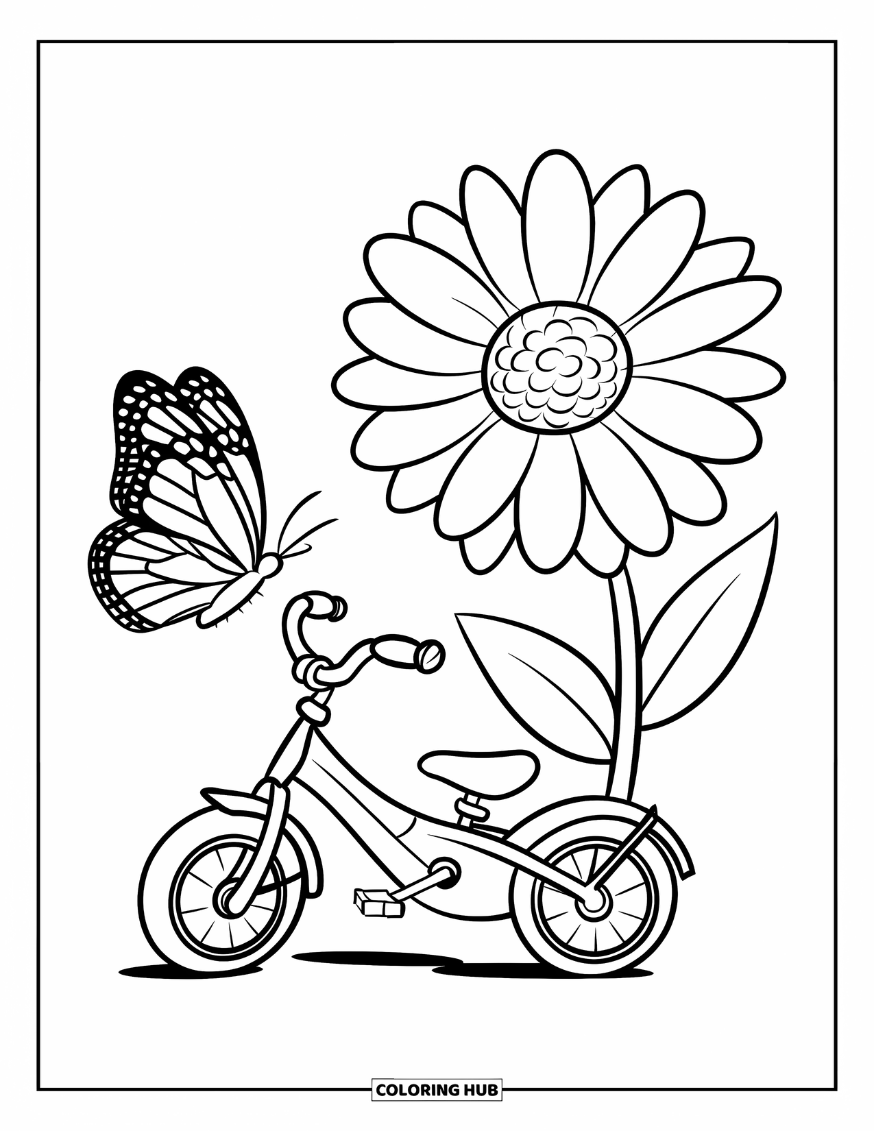 Bike Coloring Page for Kids: A kids' bike with basket parked by a large flower and butterfly