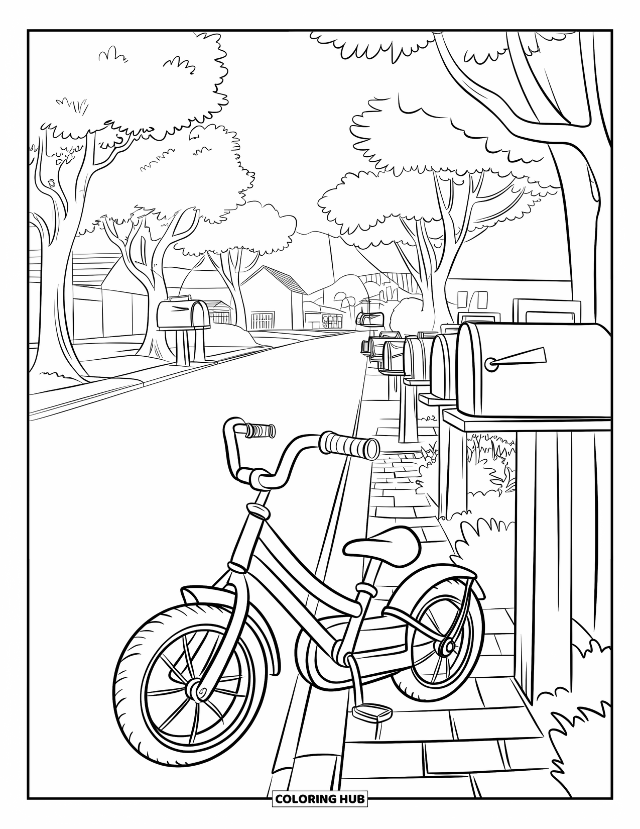 Bike Coloring Page for Kids: A kids' bike with basket parked on a quiet street with mailboxes and trees
