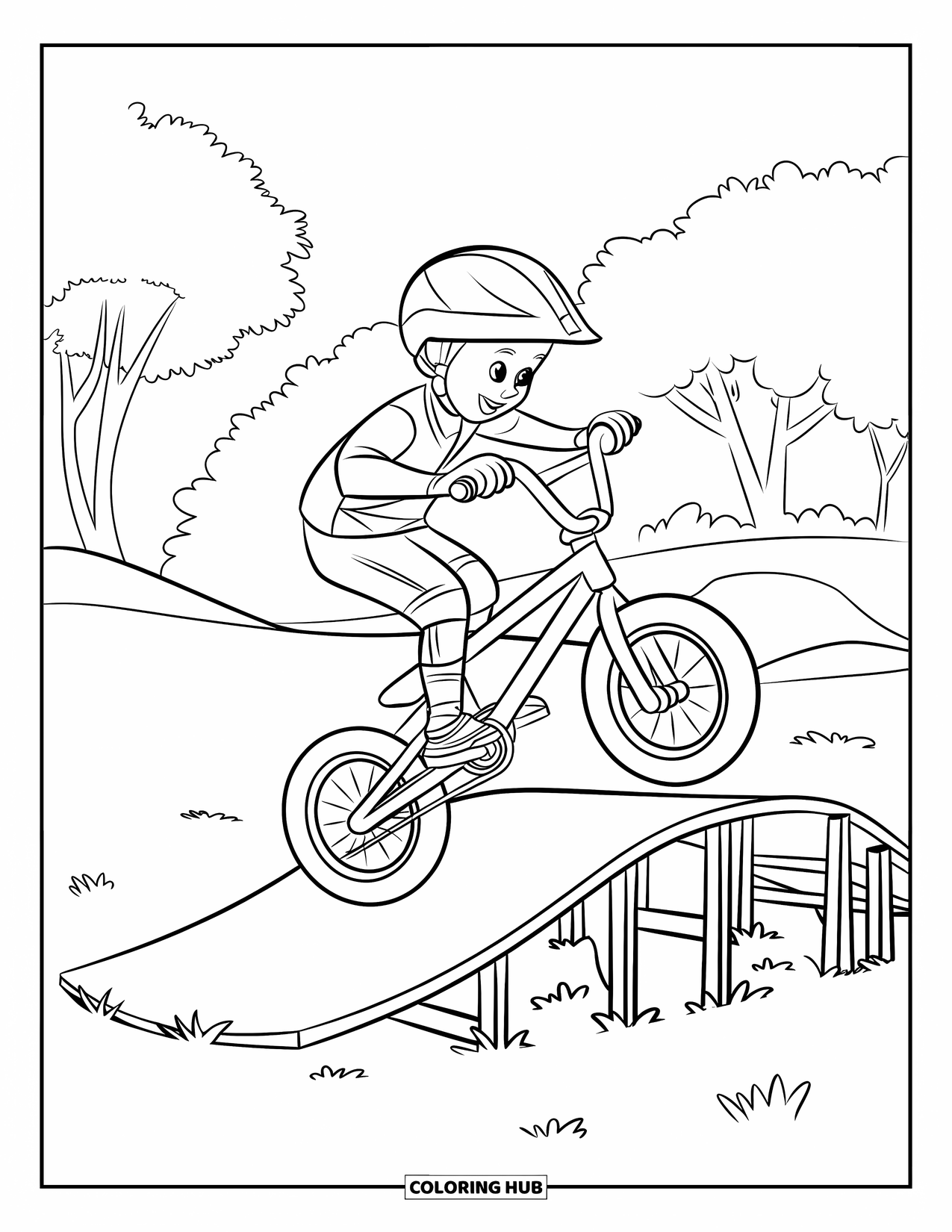 Bike Coloring Page for Kids: A kid's BMX bike doing a small jump on a ramp with trees behind