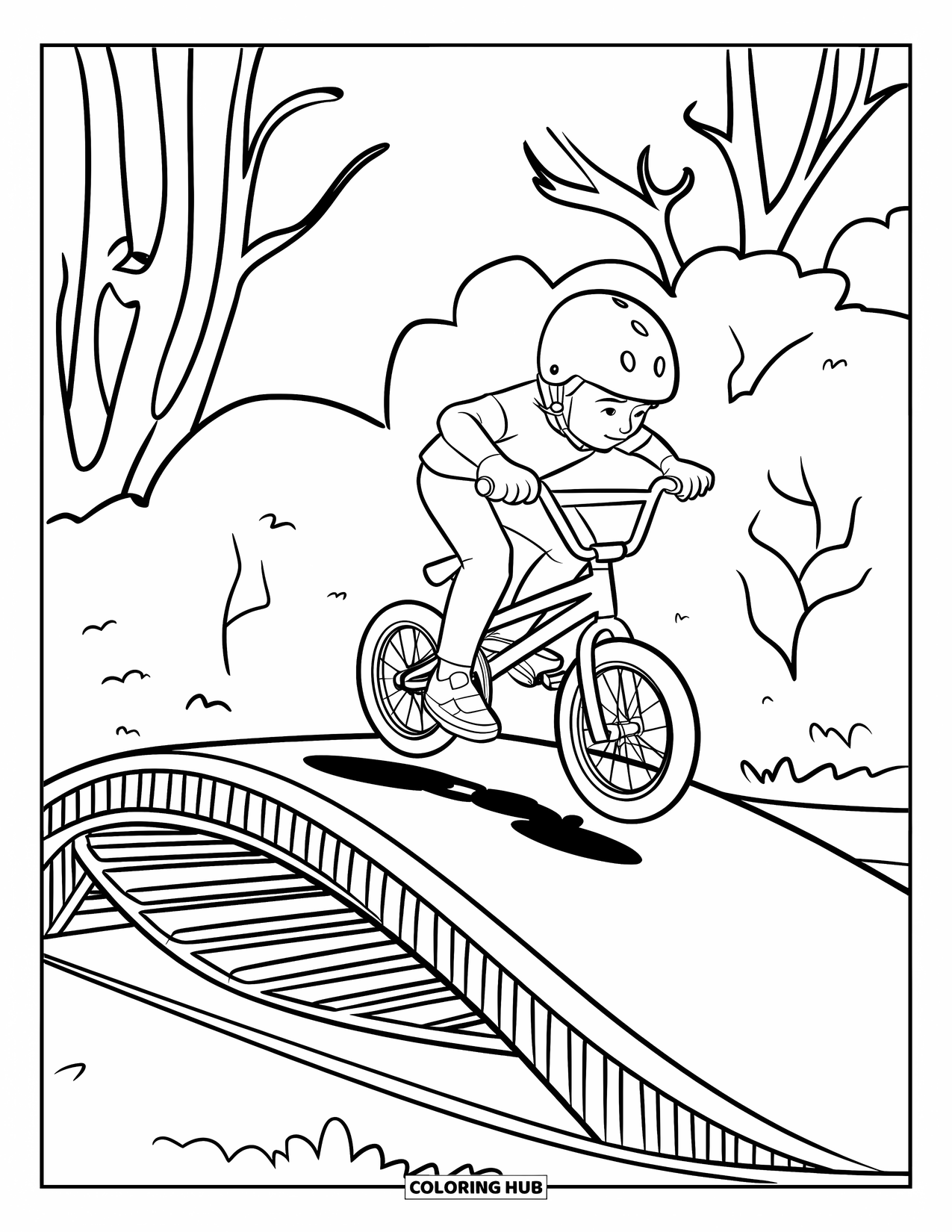 Bike Coloring Page for Kids: A kid's BMX bike with rider doing a jump on a spiral ramp near trees