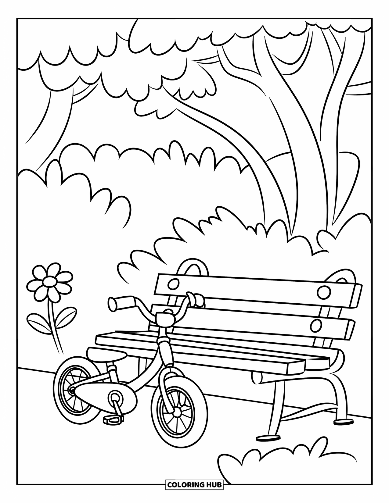Bike Coloring Page for Kids: A small bike leaning by a friendly park bench with a flower close by