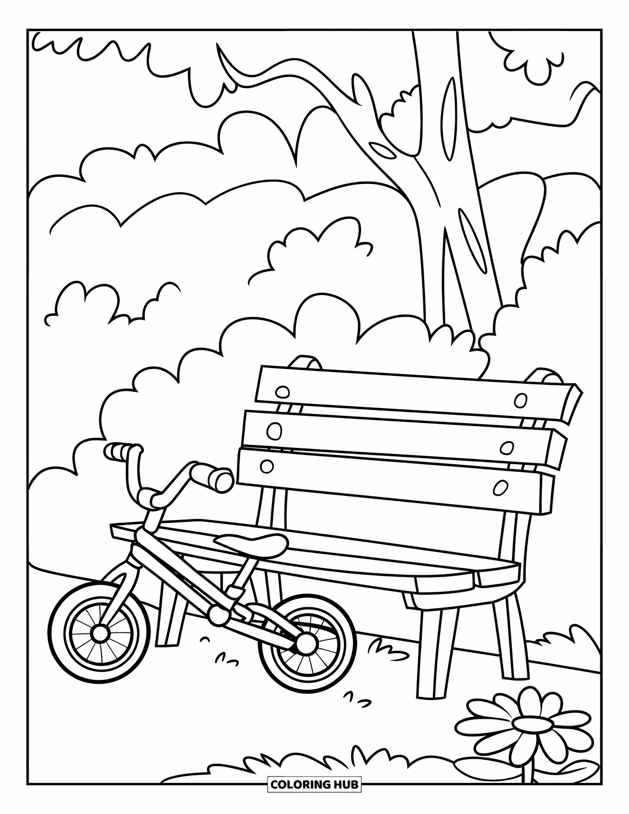 Bike Coloring Page for Kids: A small bike leaning by a friendly park bench with a single flower nearby