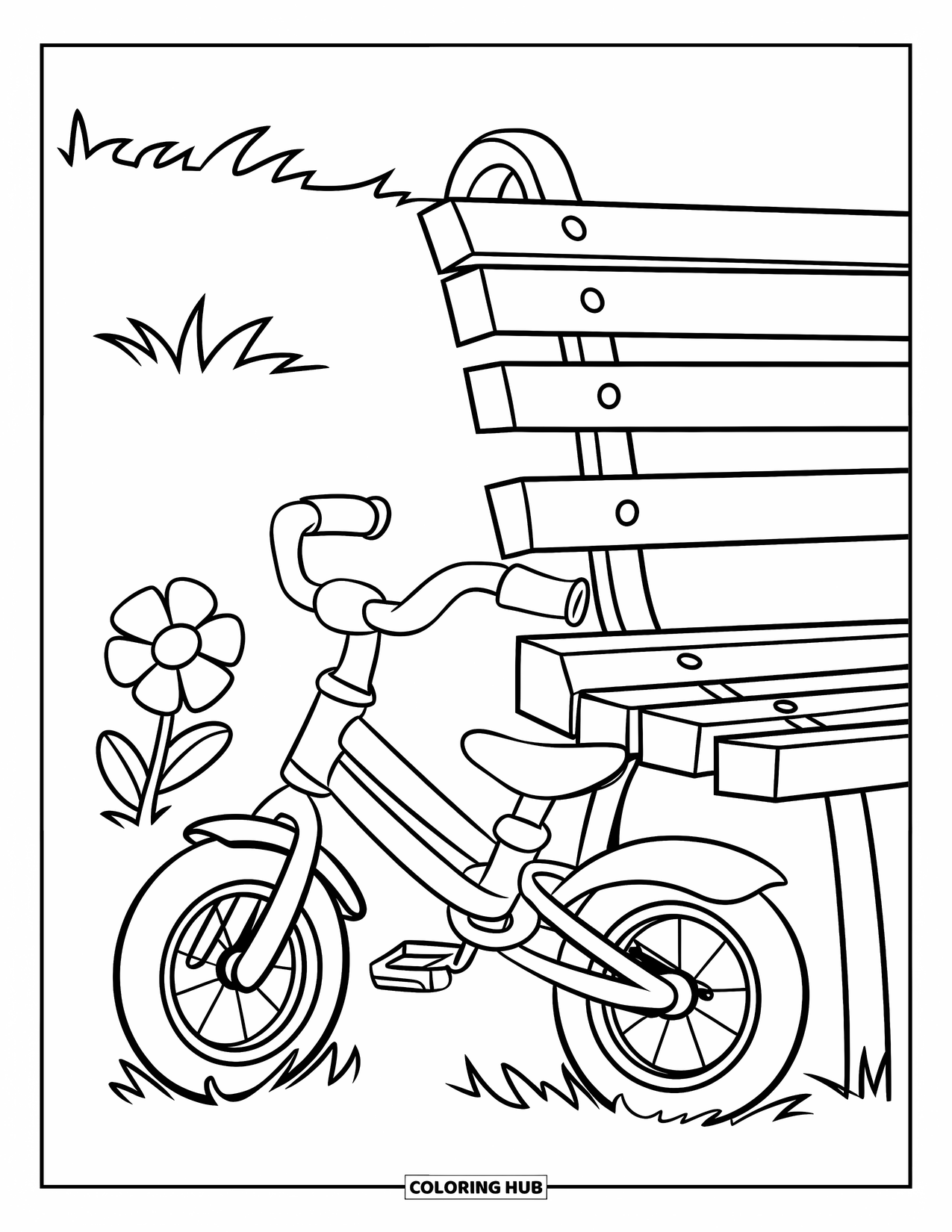 Bike Coloring Page for Kids: A small bike next to a friendly park bench with flower and grassy area