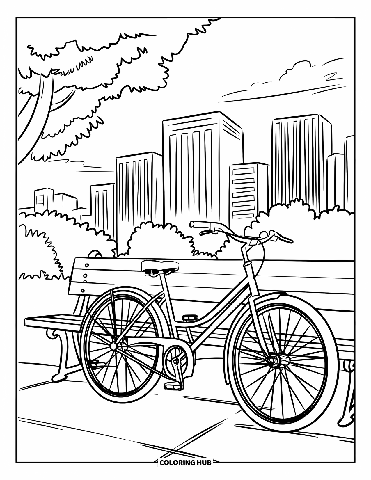 Bike Coloring Page for Kids: A stylish bike leaning on a city park bench with tall buildings and trees