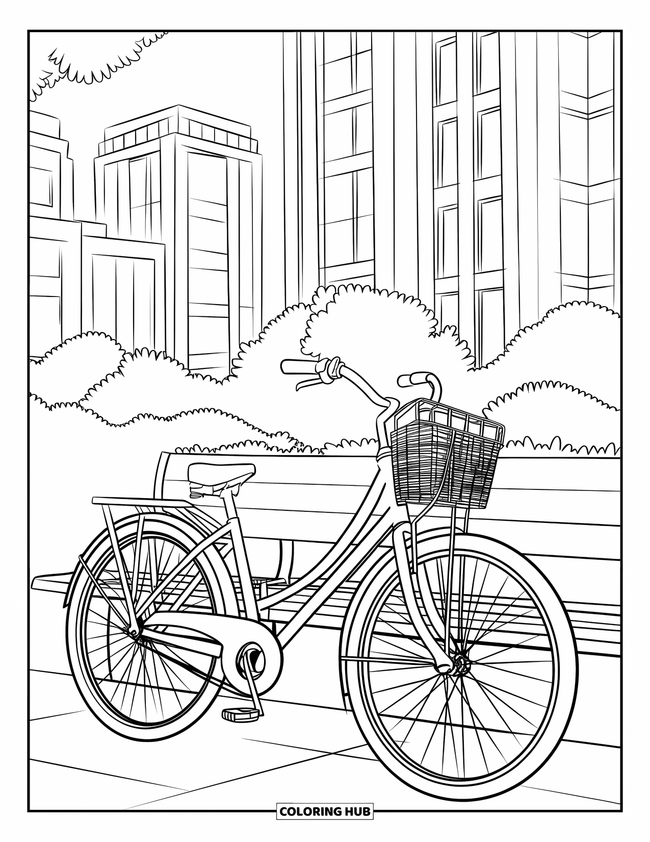 Bike Coloring Page for Kids: A stylish bike with basket leaning on a park bench near tall city buildings