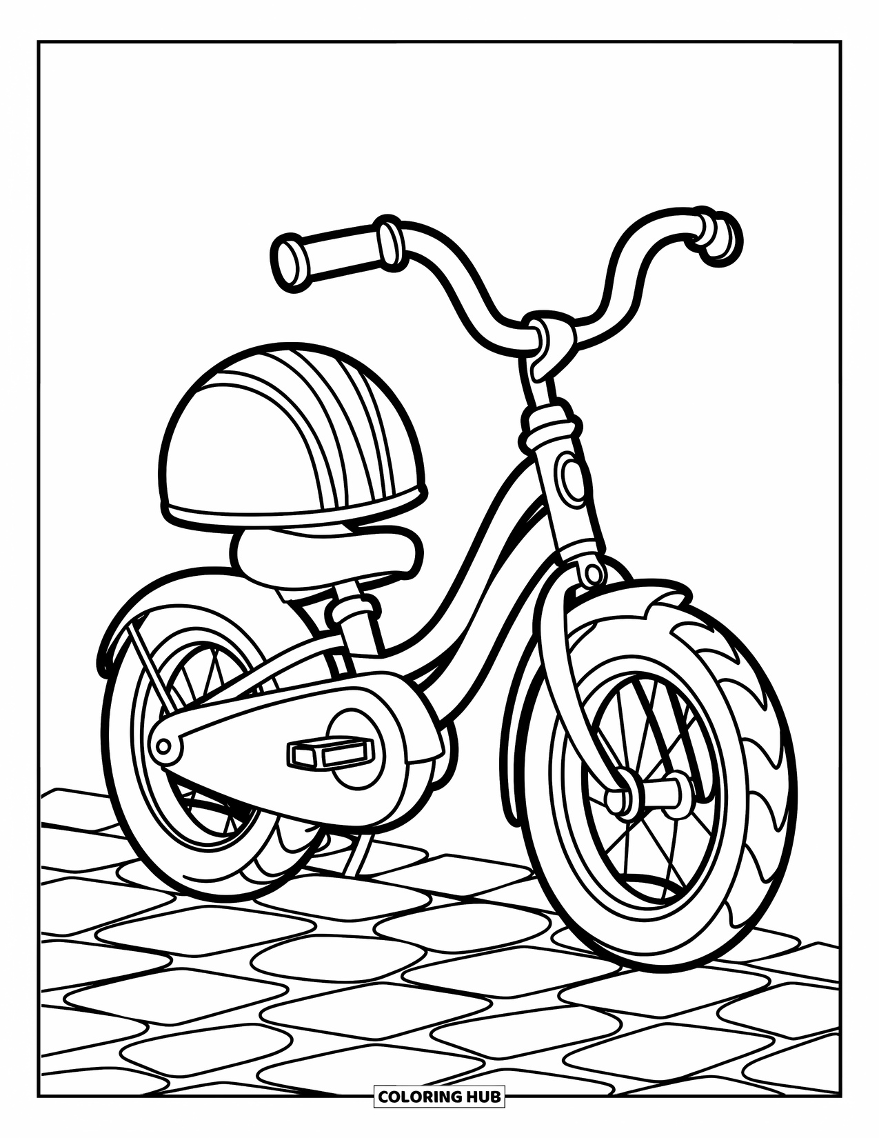 Bike Coloring Page for Kids: A tiny bike with cute helmet resting on the seat on a cobblestone path