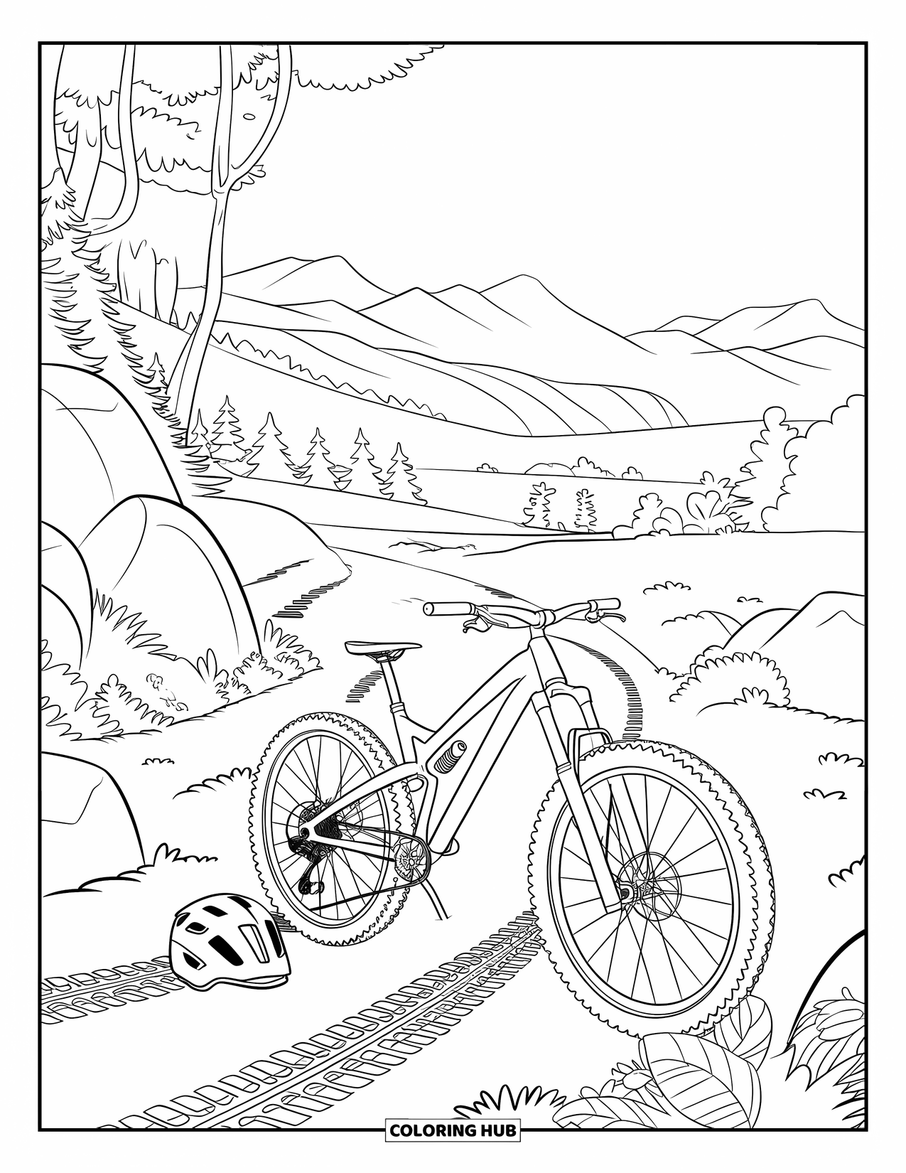 Bike Coloring Page for Kids: A trail bike with helmet parked near boulders, mountains, and a forest path
