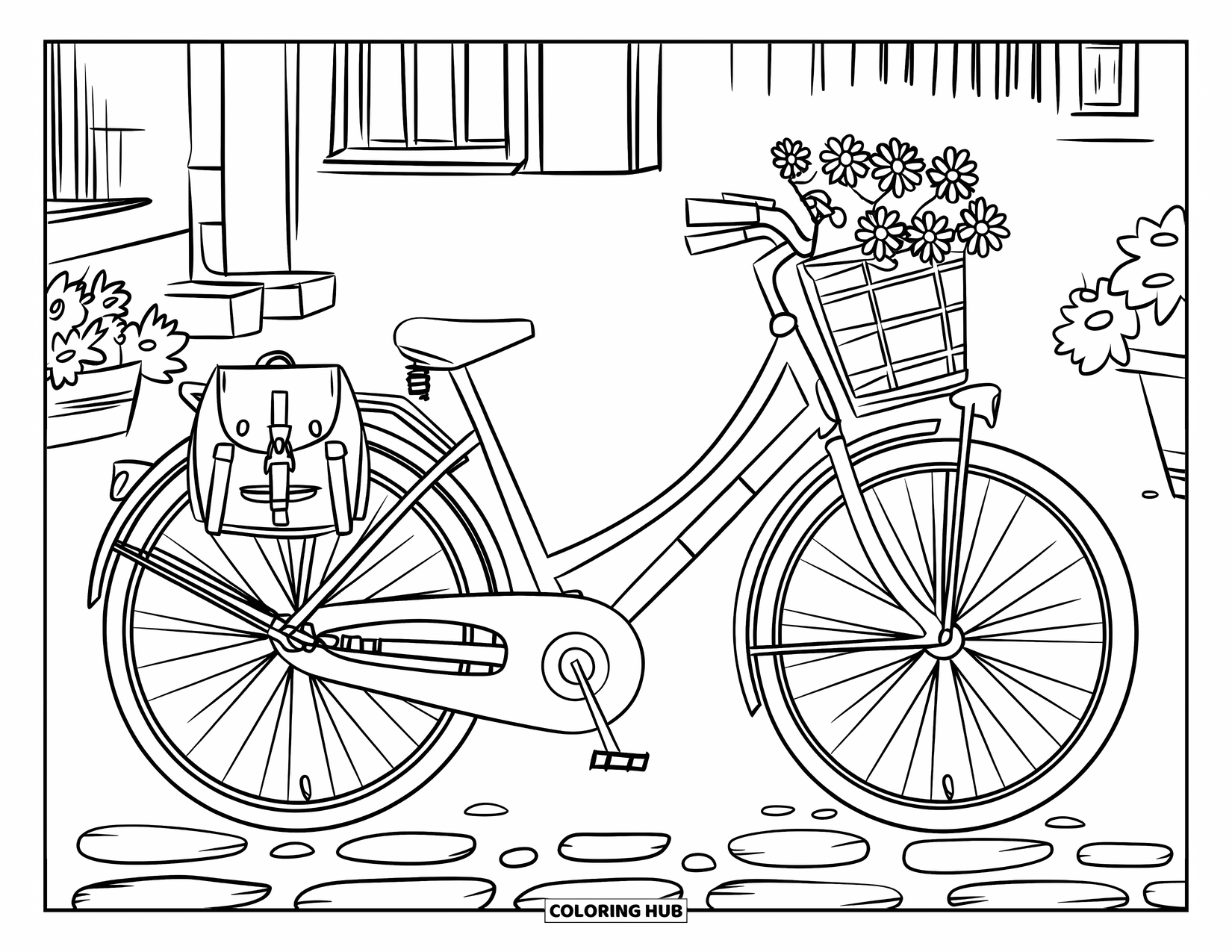 Bike Coloring Page for Kids: A vintage bike with a backpack and basket parked on a cobblestone path near flowers