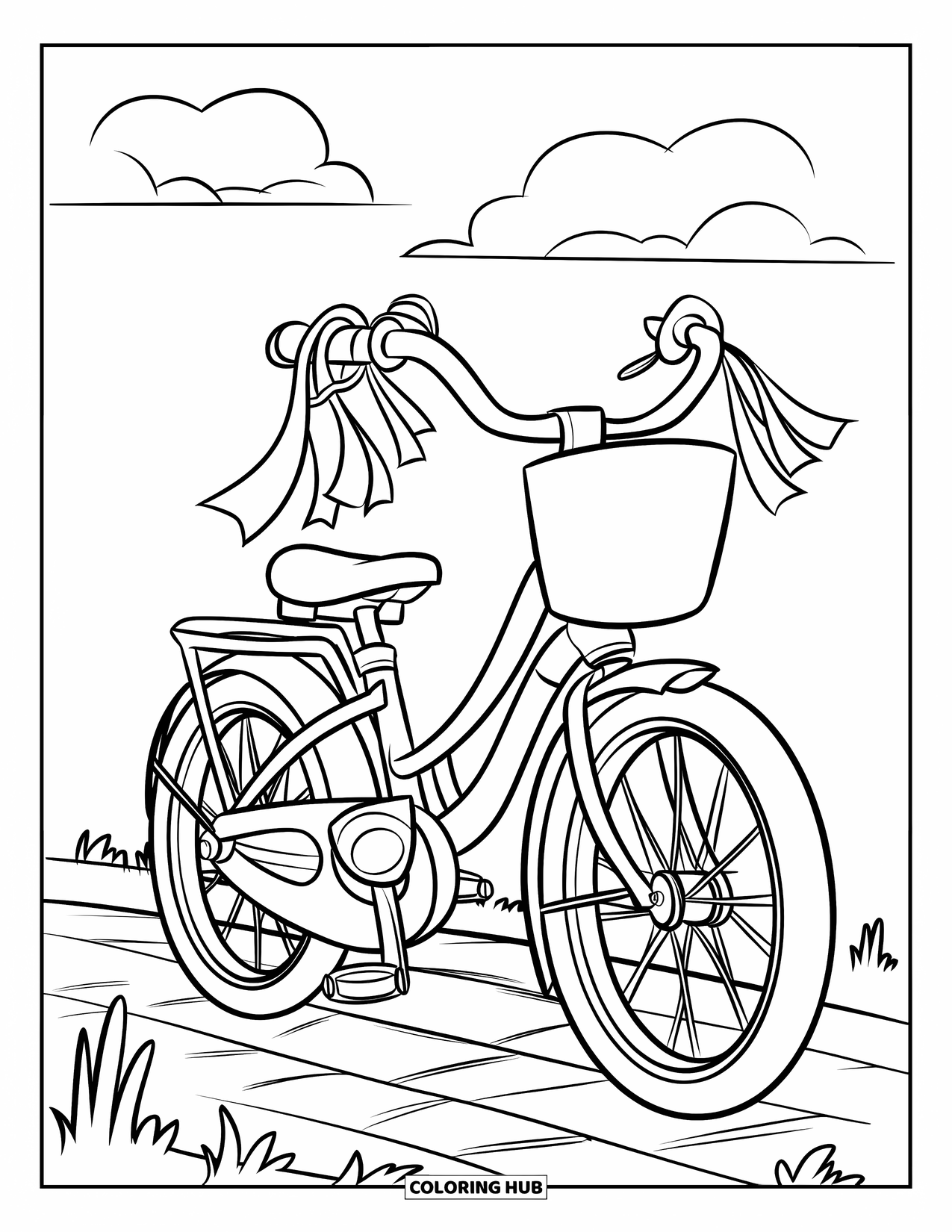 Bike Coloring Page for Kids: An adorable bike with bell, streamers, basket on brick pavement under clouds