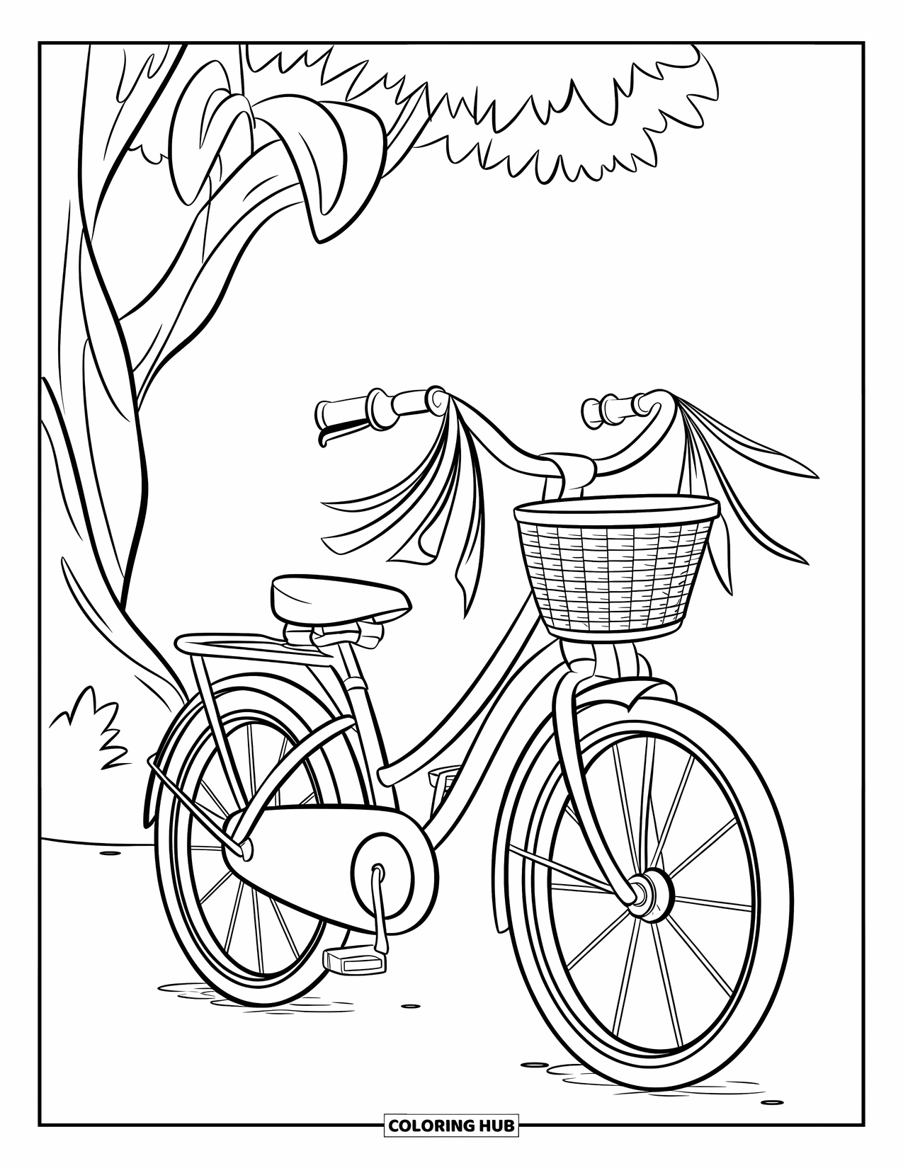 Bike Coloring Page for Kids: An adorable bike with bell, streamers, basket, parked near a tree