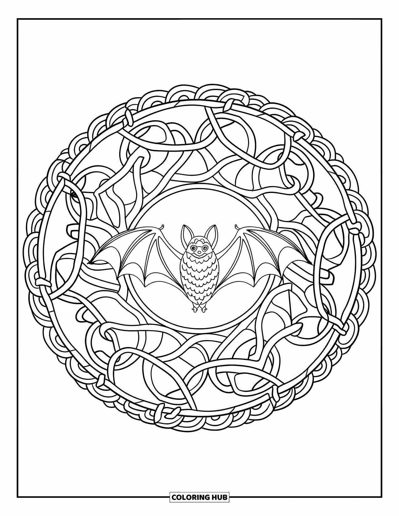 Black Coloring Page for Adults: A bat spreads its wings at the center of a vine mandala