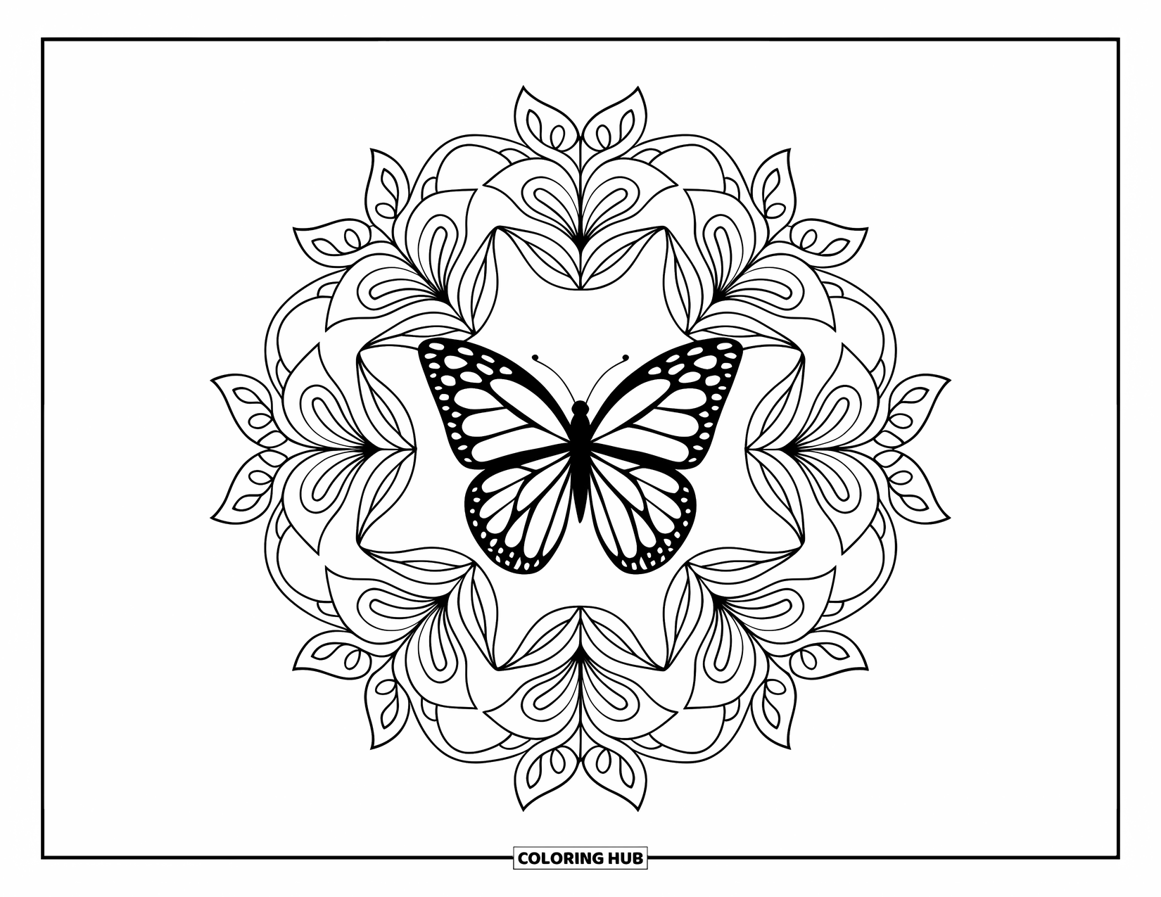 Black Coloring Page for Adults: A butterfly rests at the center of a detailed floral mandala