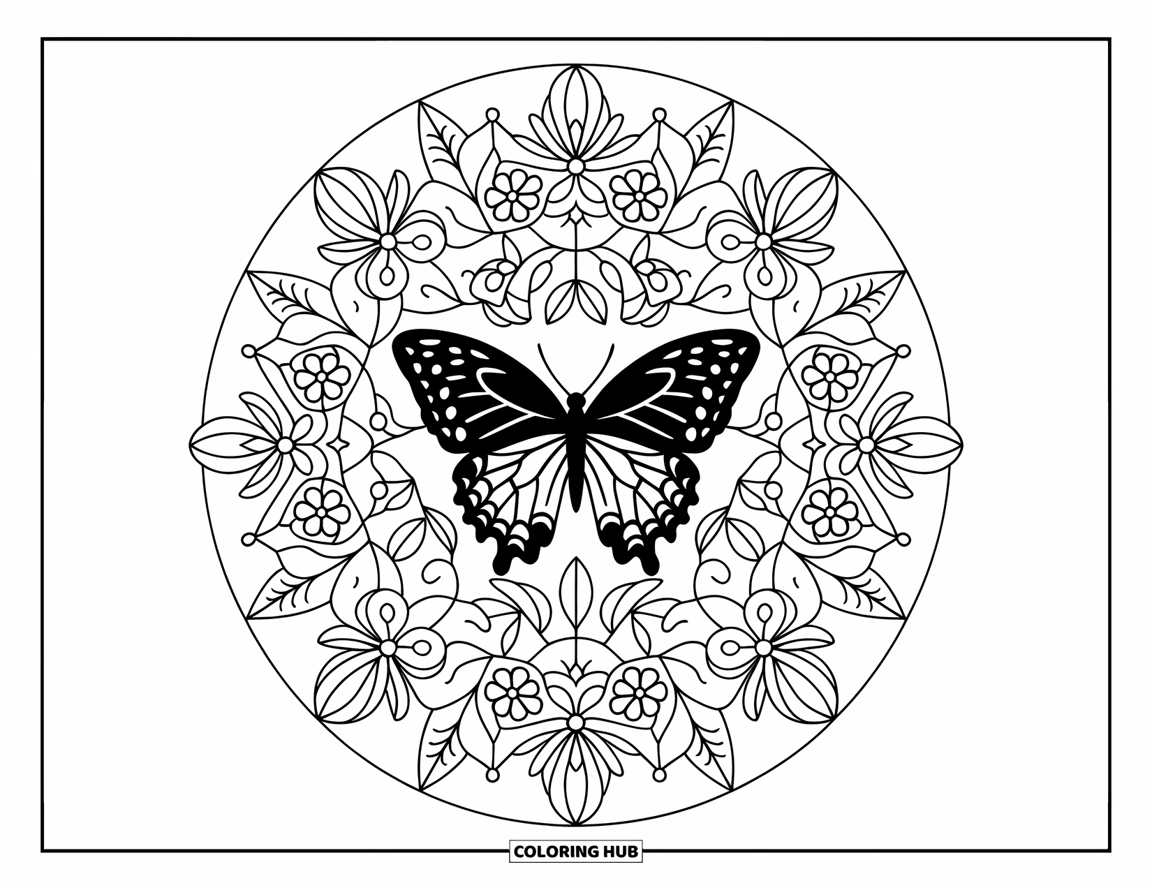 Black Coloring Page for Adults: A butterfly sits in the middle of a mandala of flowers and vines