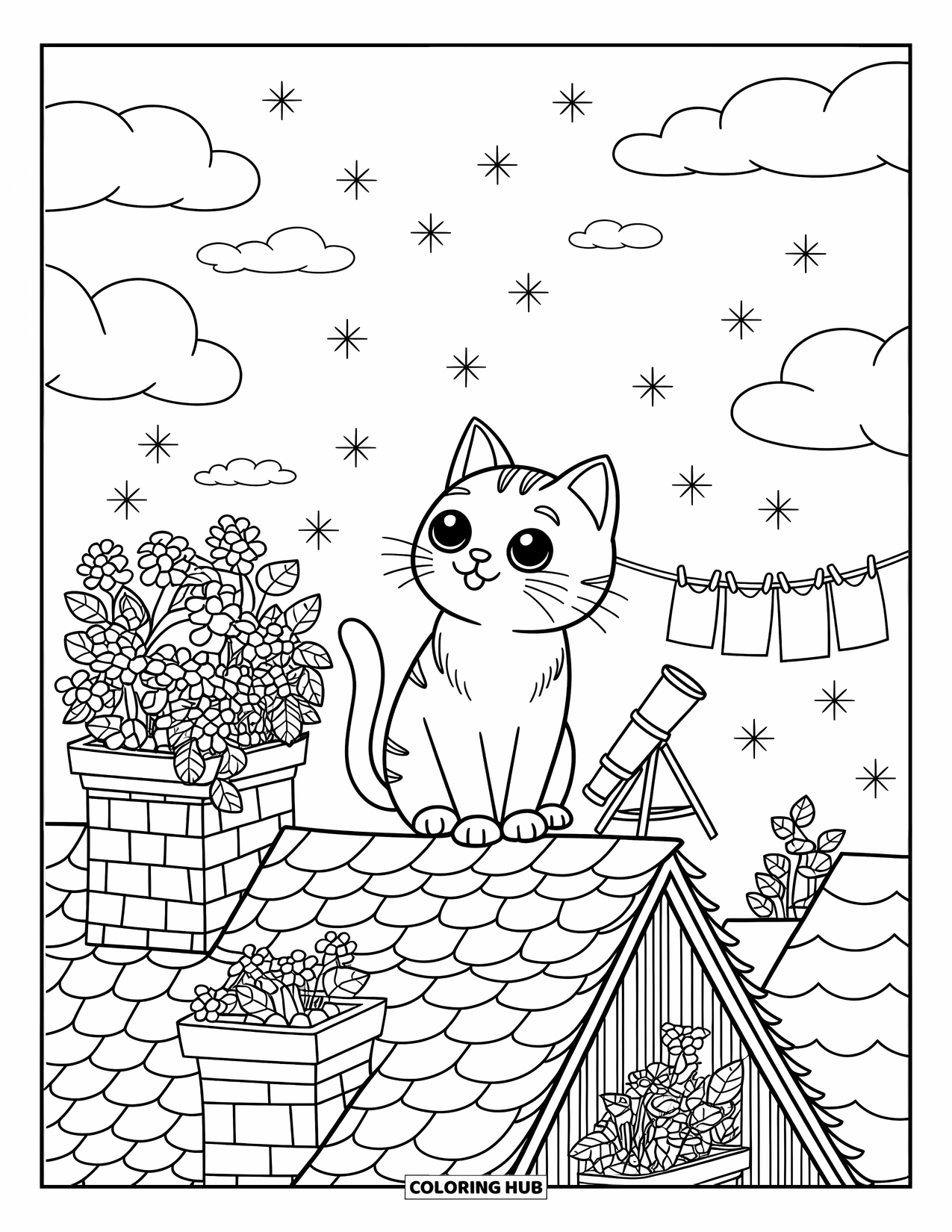 Black Coloring Page for Adults: A cat perches on a rooftop beside chimneys, plants, and a tiny telescope