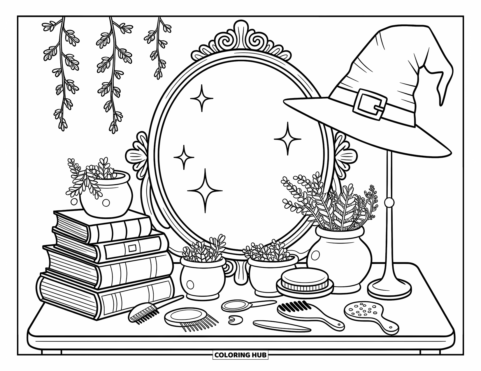 Black Coloring Page for Adults: A cozy vanity table is filled with spell books, herbs, mirrors, and a witch hat