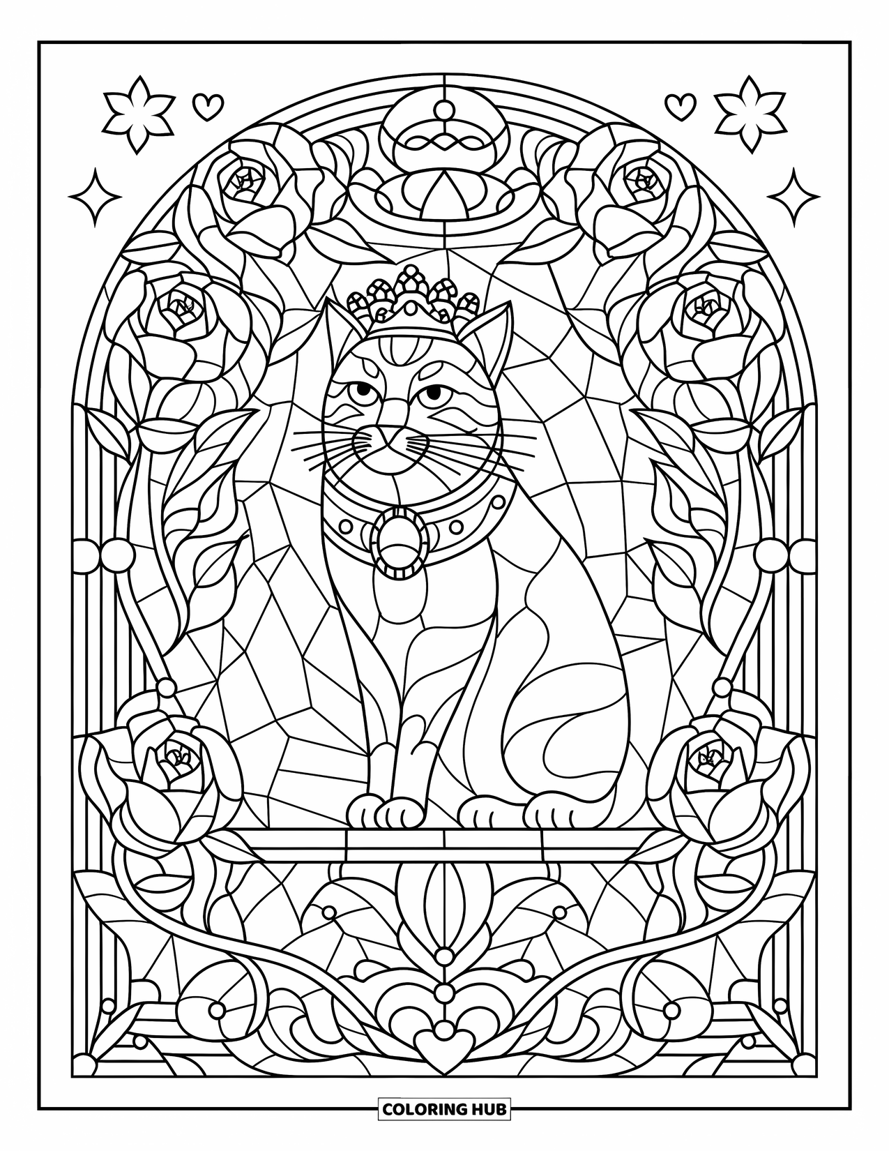 Black Coloring Page for Adults: A crowned cat rests before stained glass flowers and swirling designs