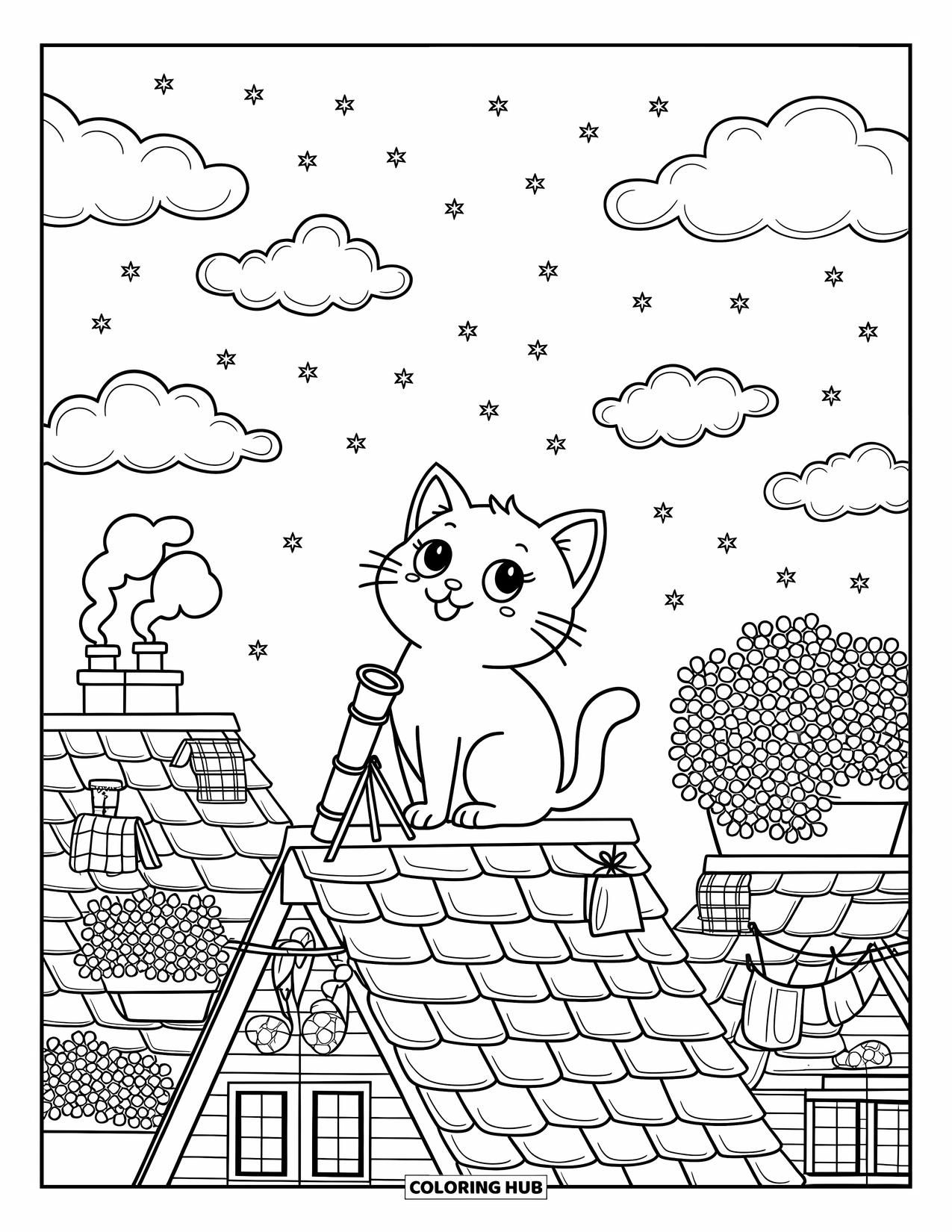 Black Coloring Page for Adults: A cute cat gazes at the stars from a rooftop filled with chimneys and plants