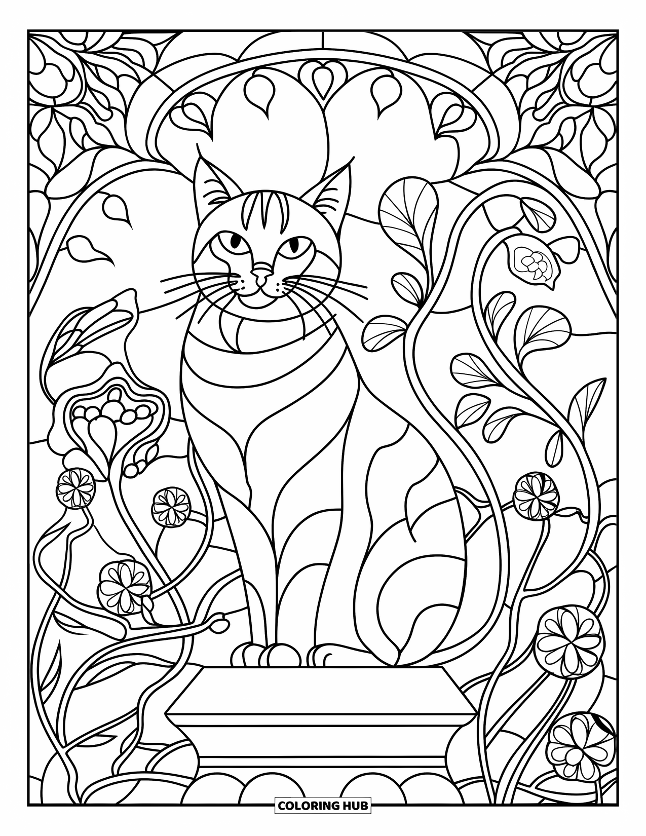 Black Coloring Page for Adults: A majestic cat sits proudly among stained glass floral patterns