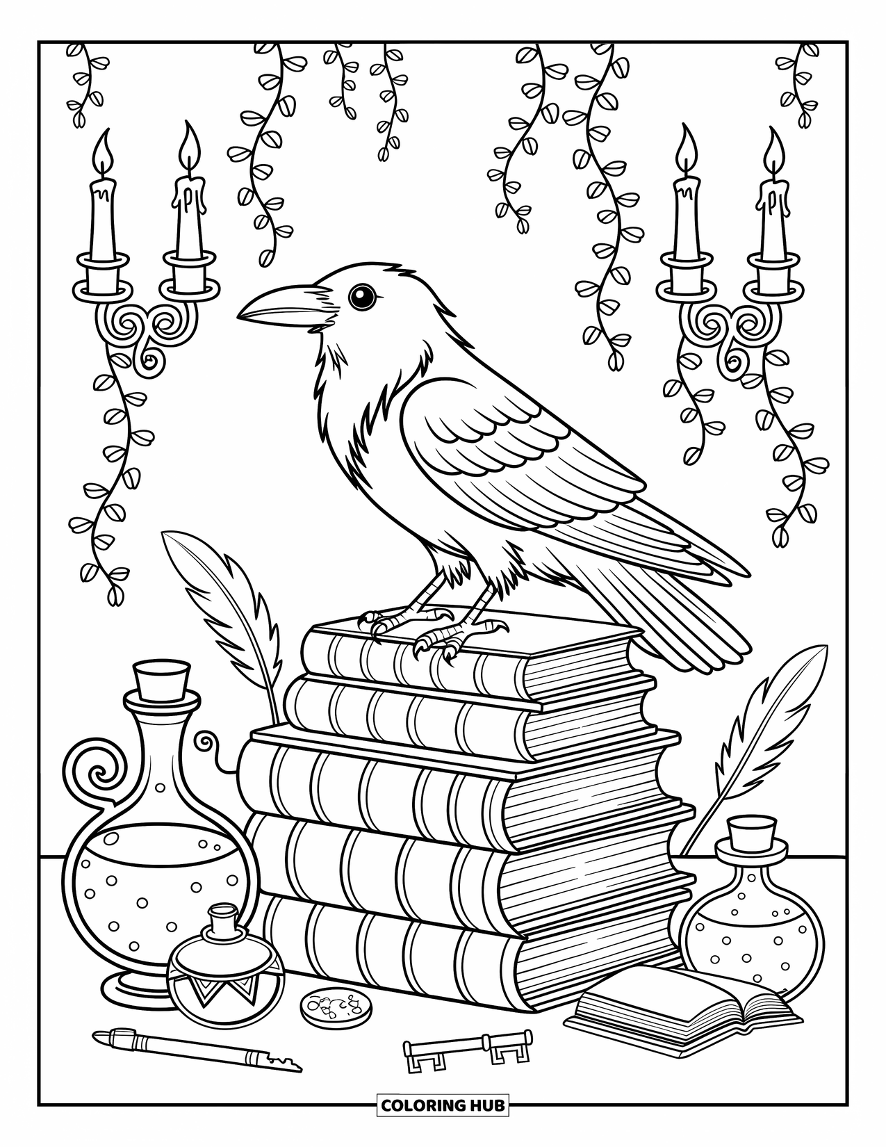 Black Coloring Page for Adults: A raven perches on stacked books surrounded by potions, keys, and quills