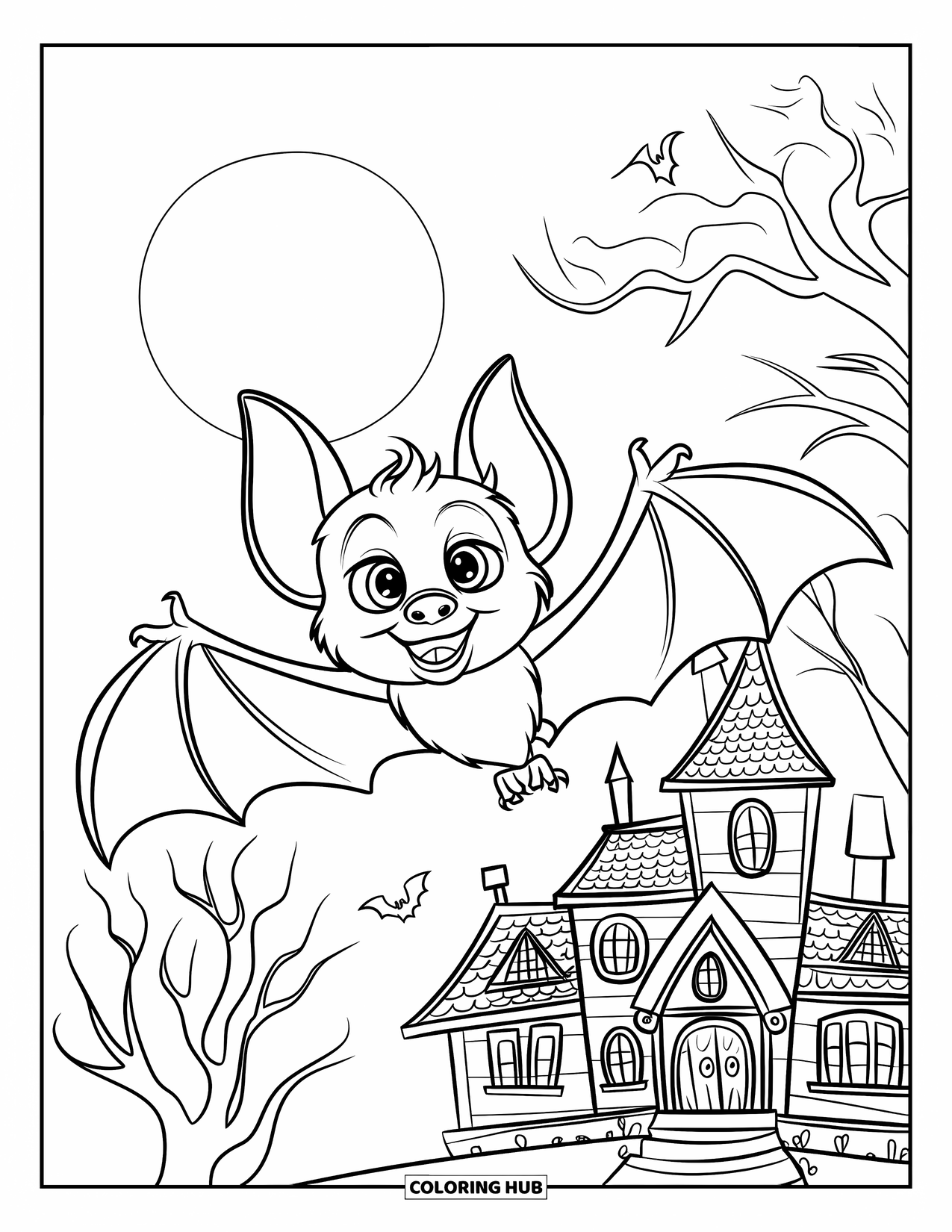 Black Coloring Page for Kids: A bat flies past a haunted mansion under the full moon
