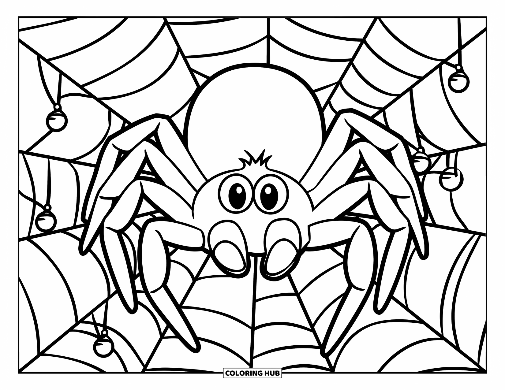Black Coloring Page for Kids: A big-eyed spider sits on a web with orbs