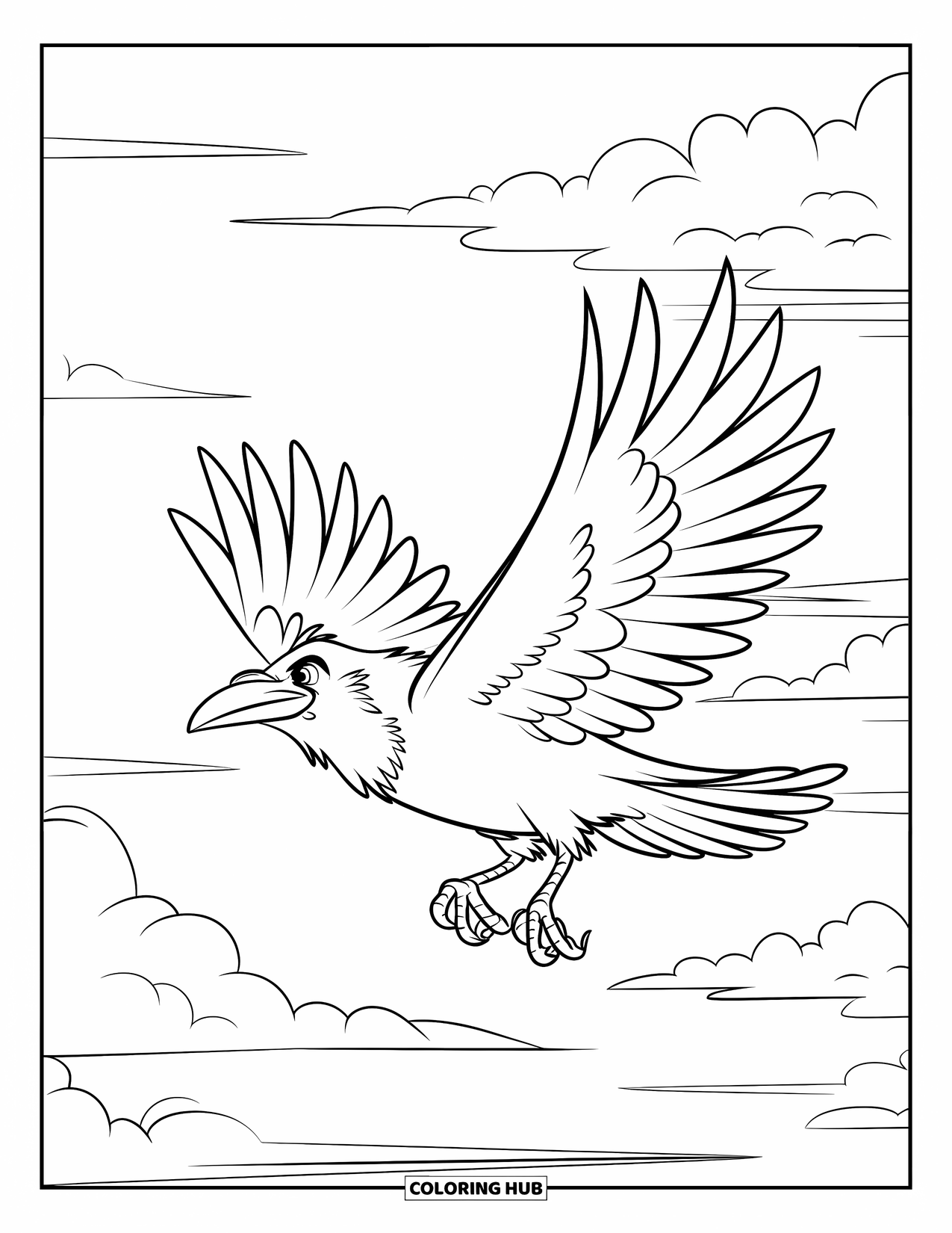 Black Coloring Page for Kids: A bold crow soars through clouds with wings wide open