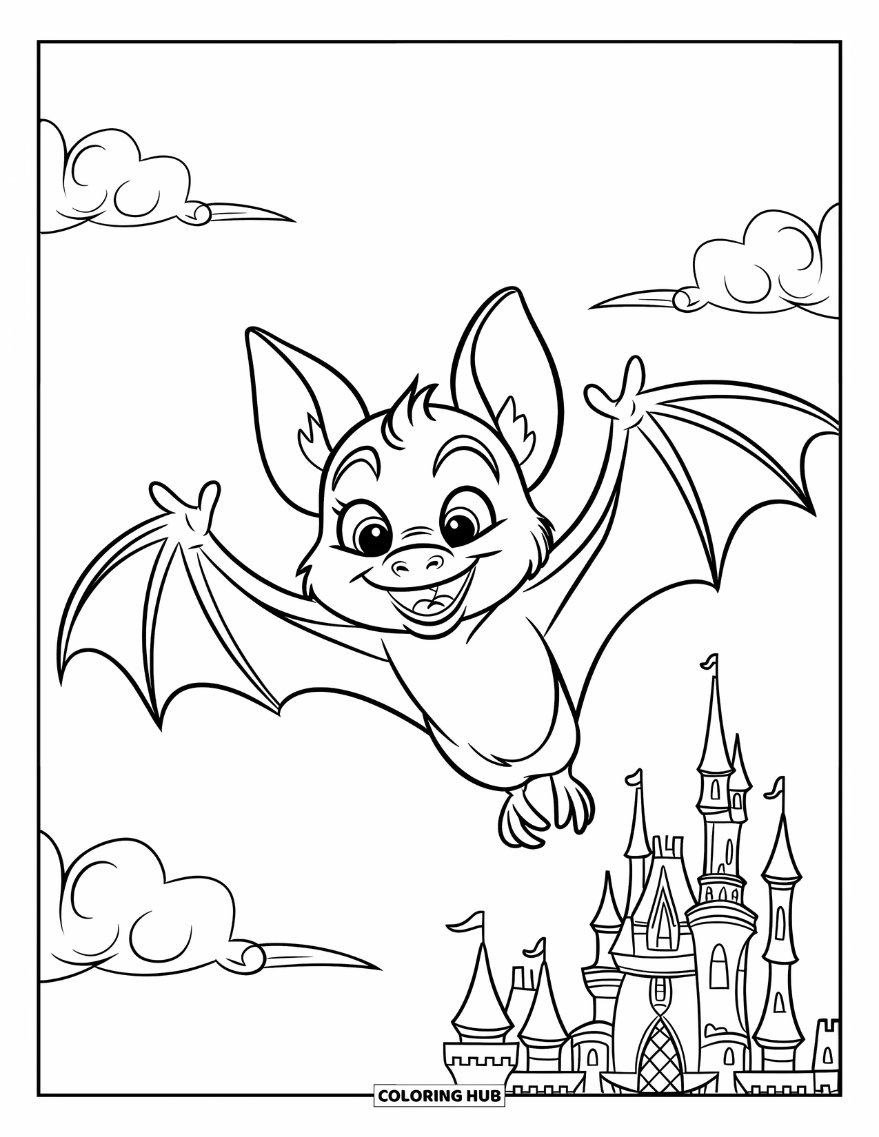 Black Coloring Page for Kids: A cheerful bat flies over a castle with fluffy clouds