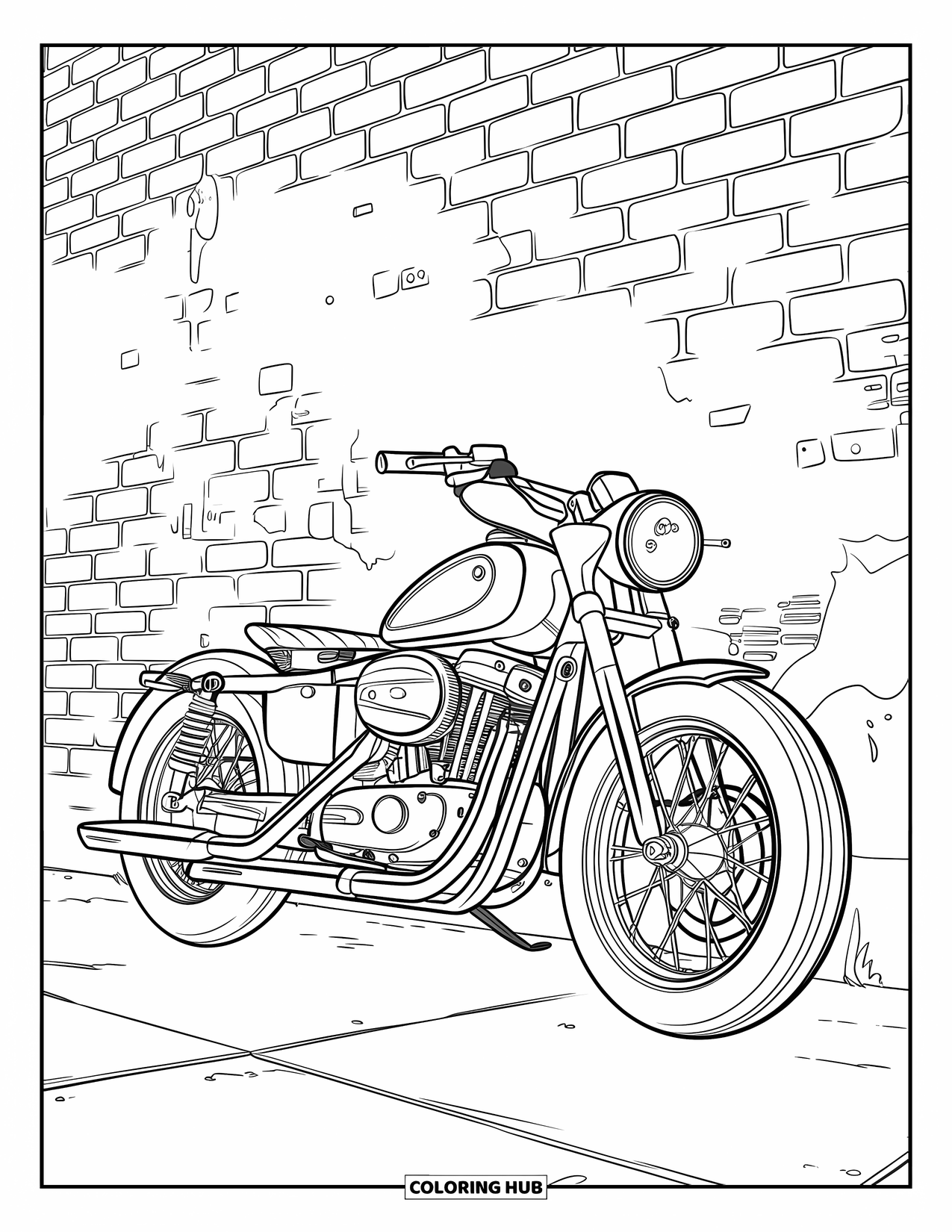 Black Coloring Page for Kids: A chrome motorbike rests by a graffiti-marked brick wall