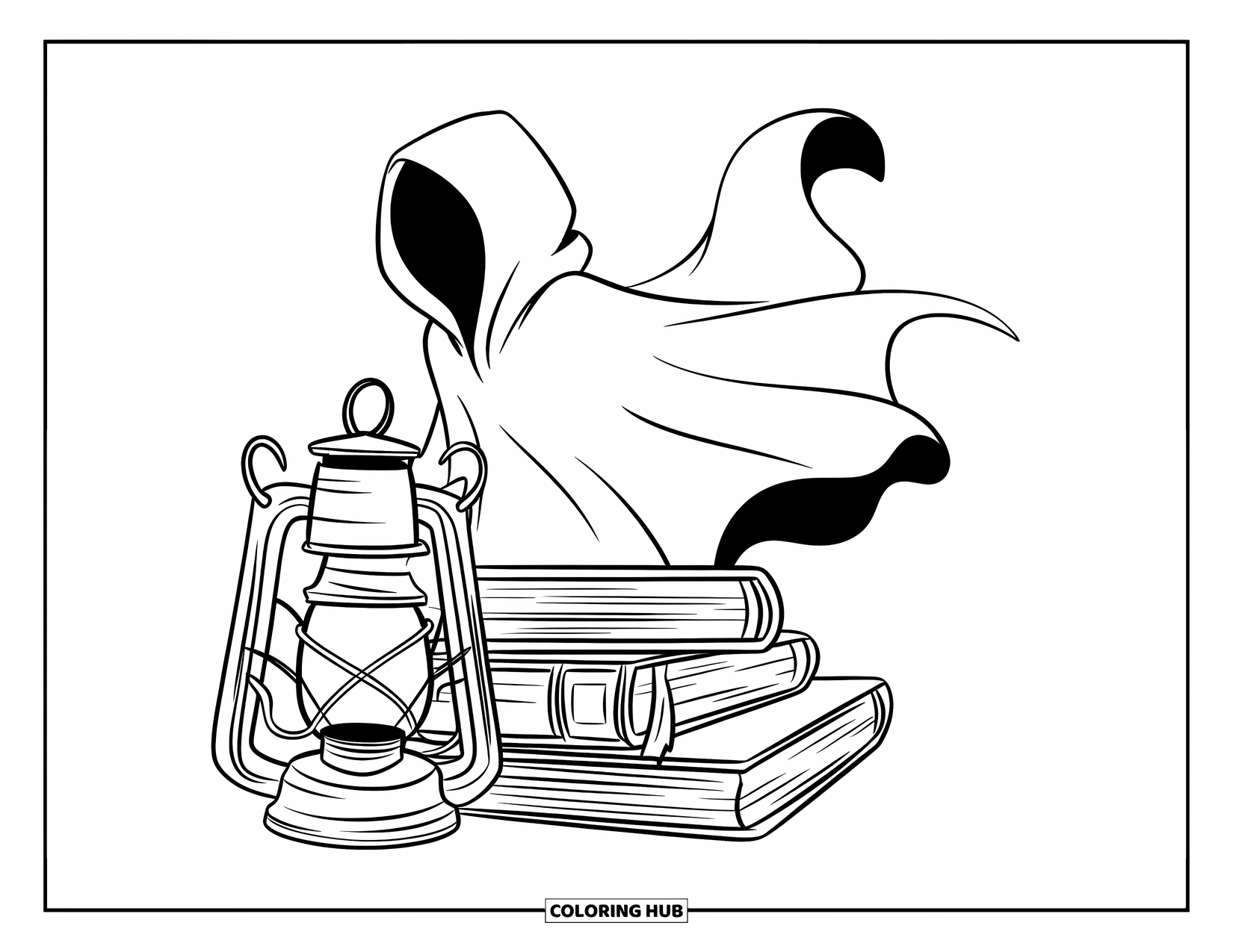 Black Coloring Page for Kids: A cloak drifts in the air beside books and a lantern