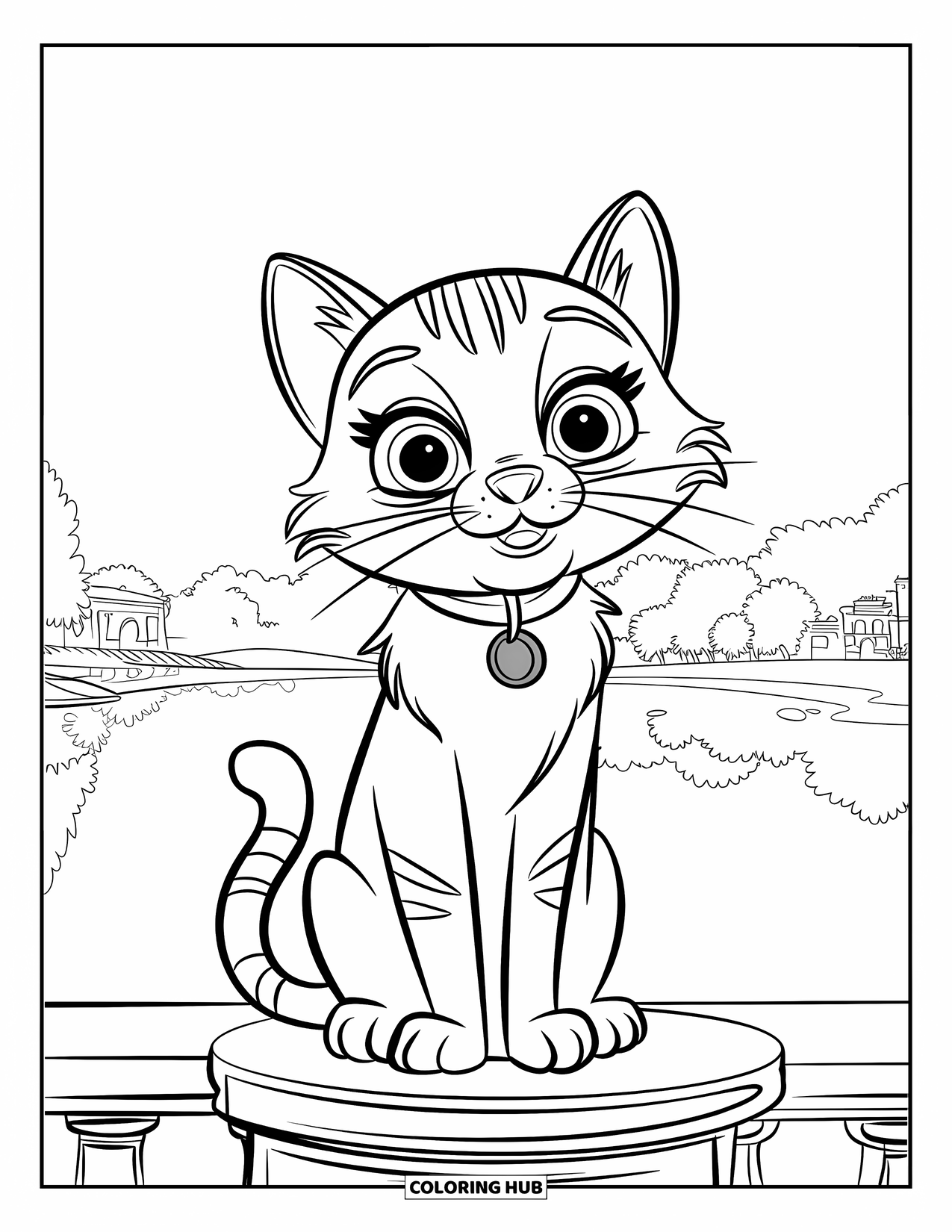 Black Coloring Page for Kids: A collared cat perches on a pillar near a quiet lake