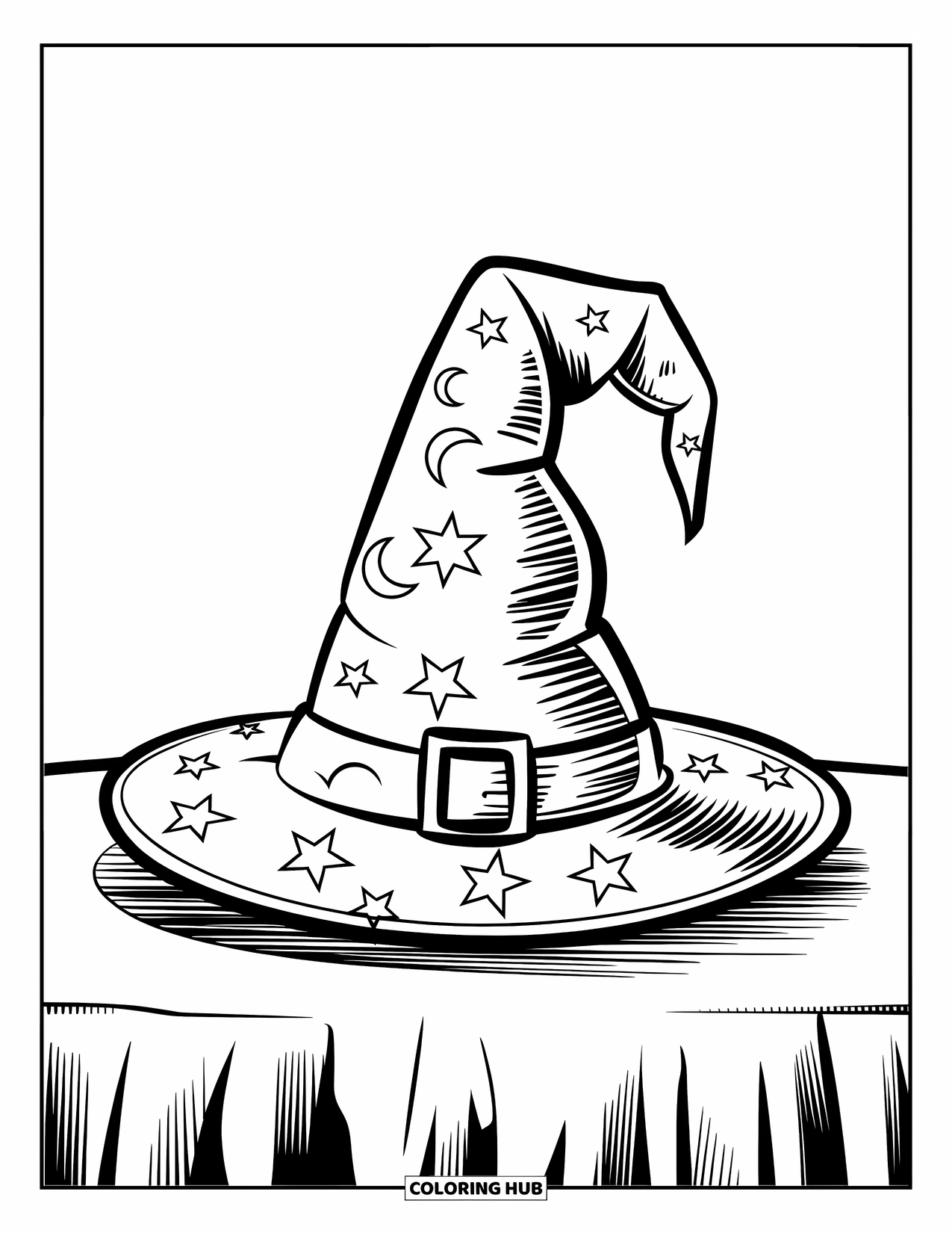 Black Coloring Page for Kids: A cone-shaped witch hat with moons sits on a wooden table