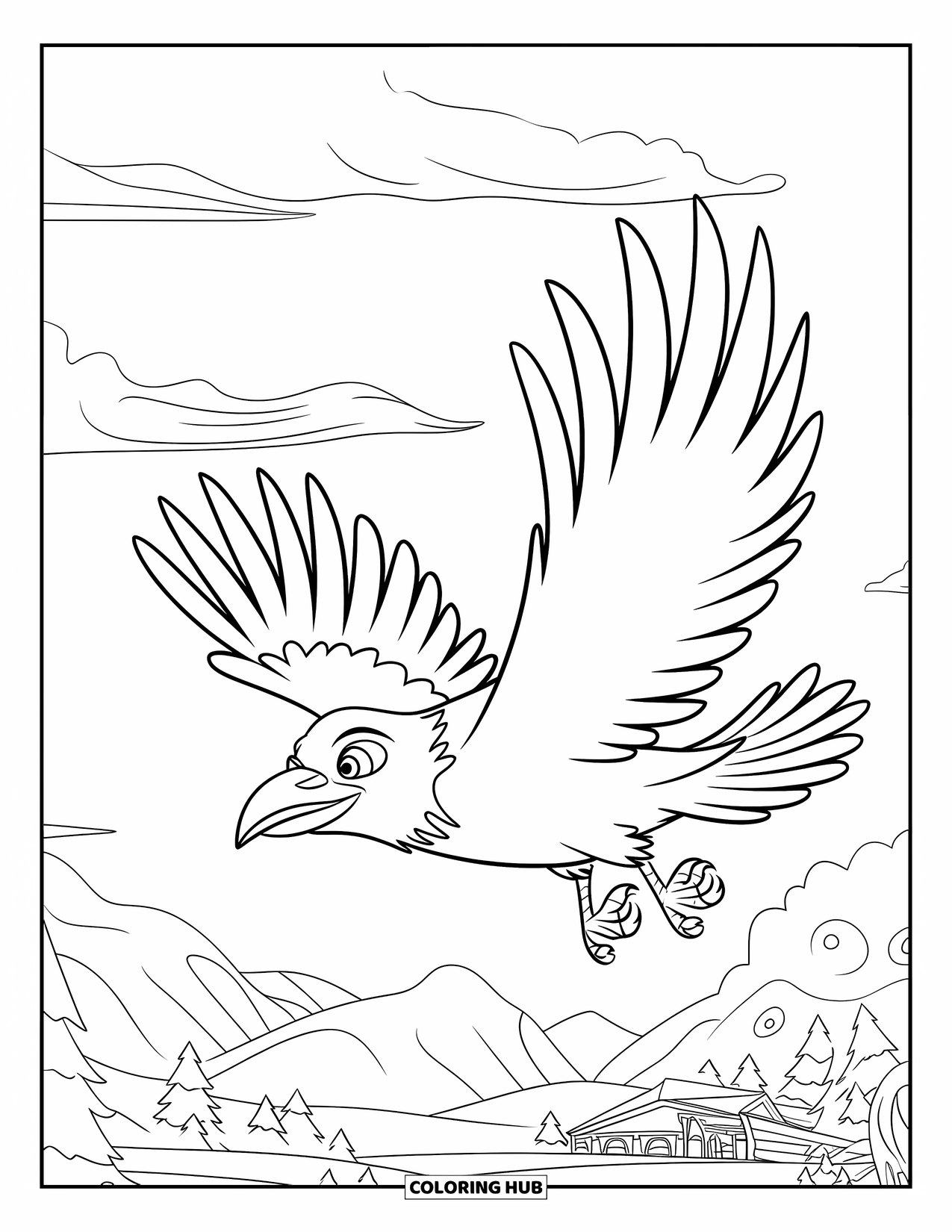 Black Coloring Page for Kids: A crow flies above mountains and trees beneath cloudy skies