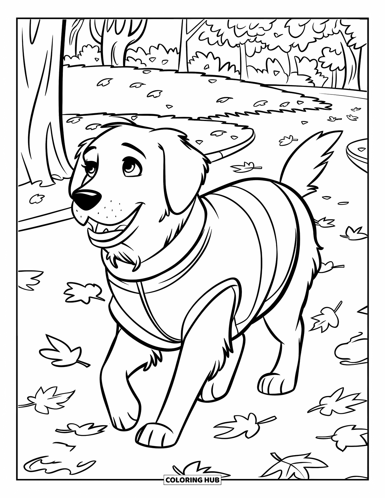 Black Coloring Page for Kids: A golden retriever explores a park filled with autumn leaves