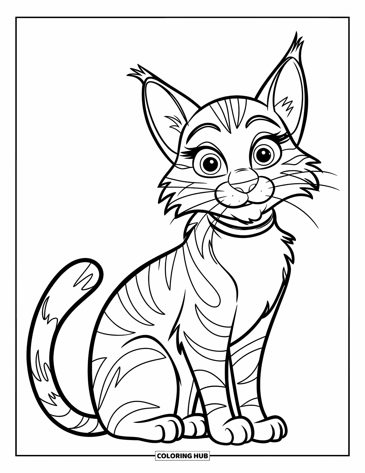 Black Coloring Page for Kids: A large-eyed cat sits with its tail curled up