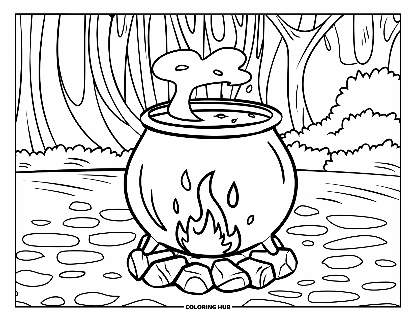 Black Coloring Page for Kids: A potion-filled cauldron bubbles above a fire in the forest