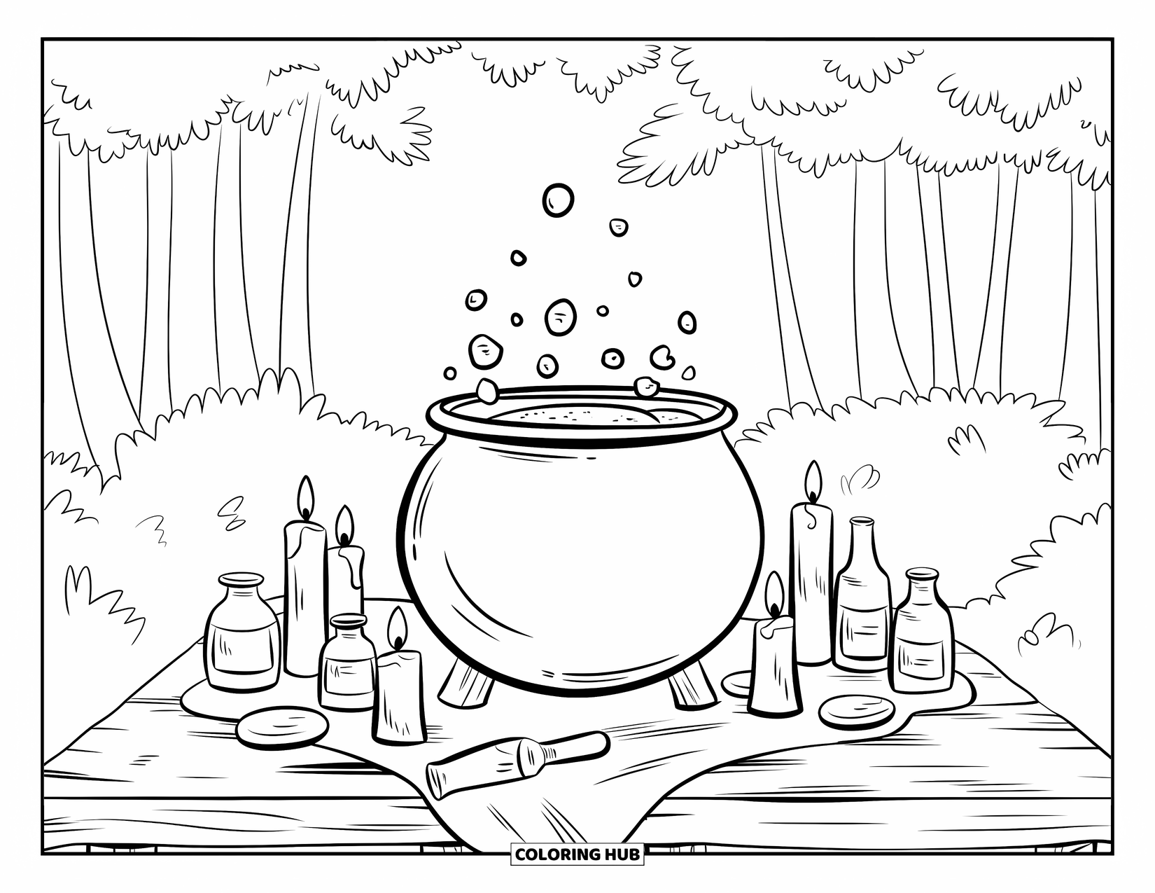 Black Coloring Page for Kids: A potion-filled cauldron sits on a table surrounded by bottles