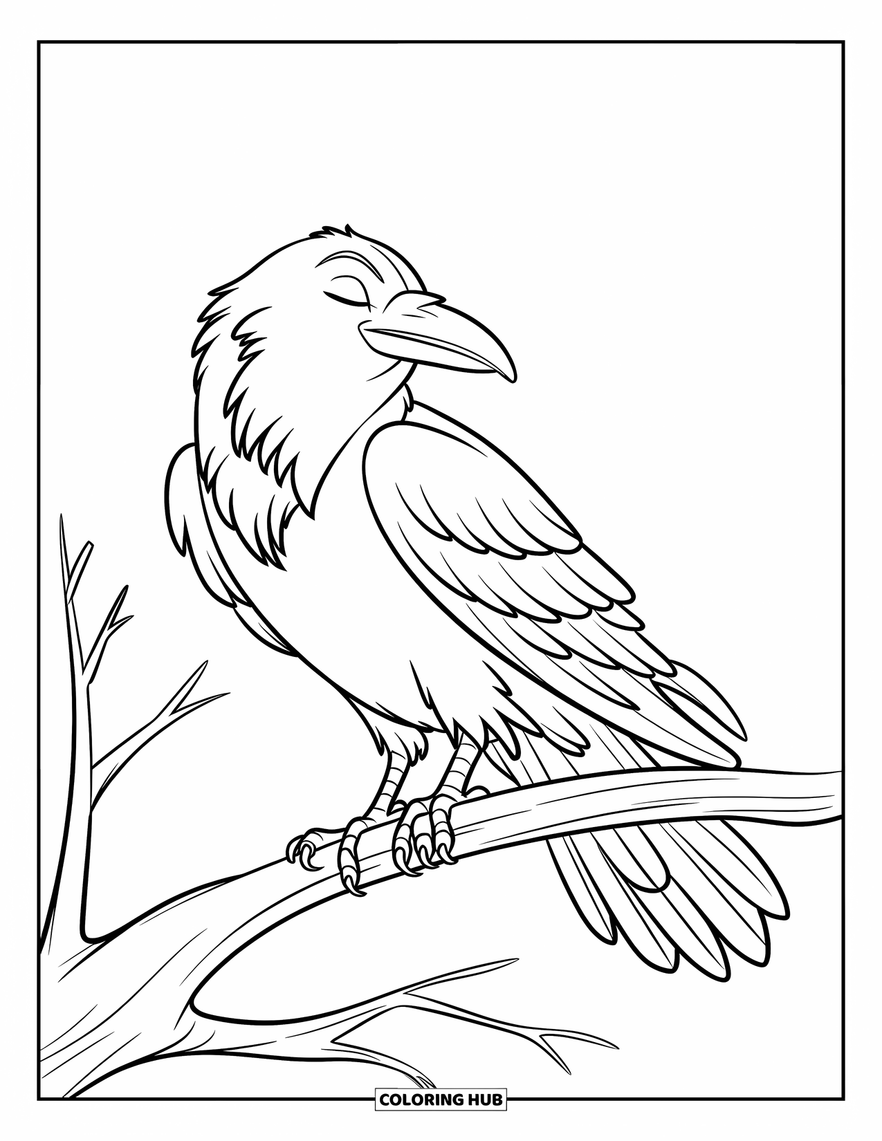 Black Coloring Page for Kids: A raven perches on a bare branch while feathers fall