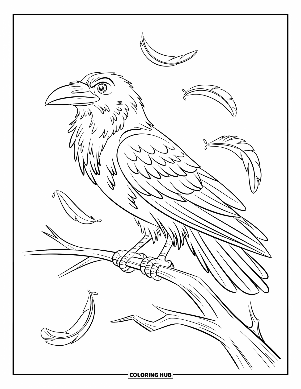 Black Coloring Page for Kids: A raven with falling feathers rests on a twisted branch